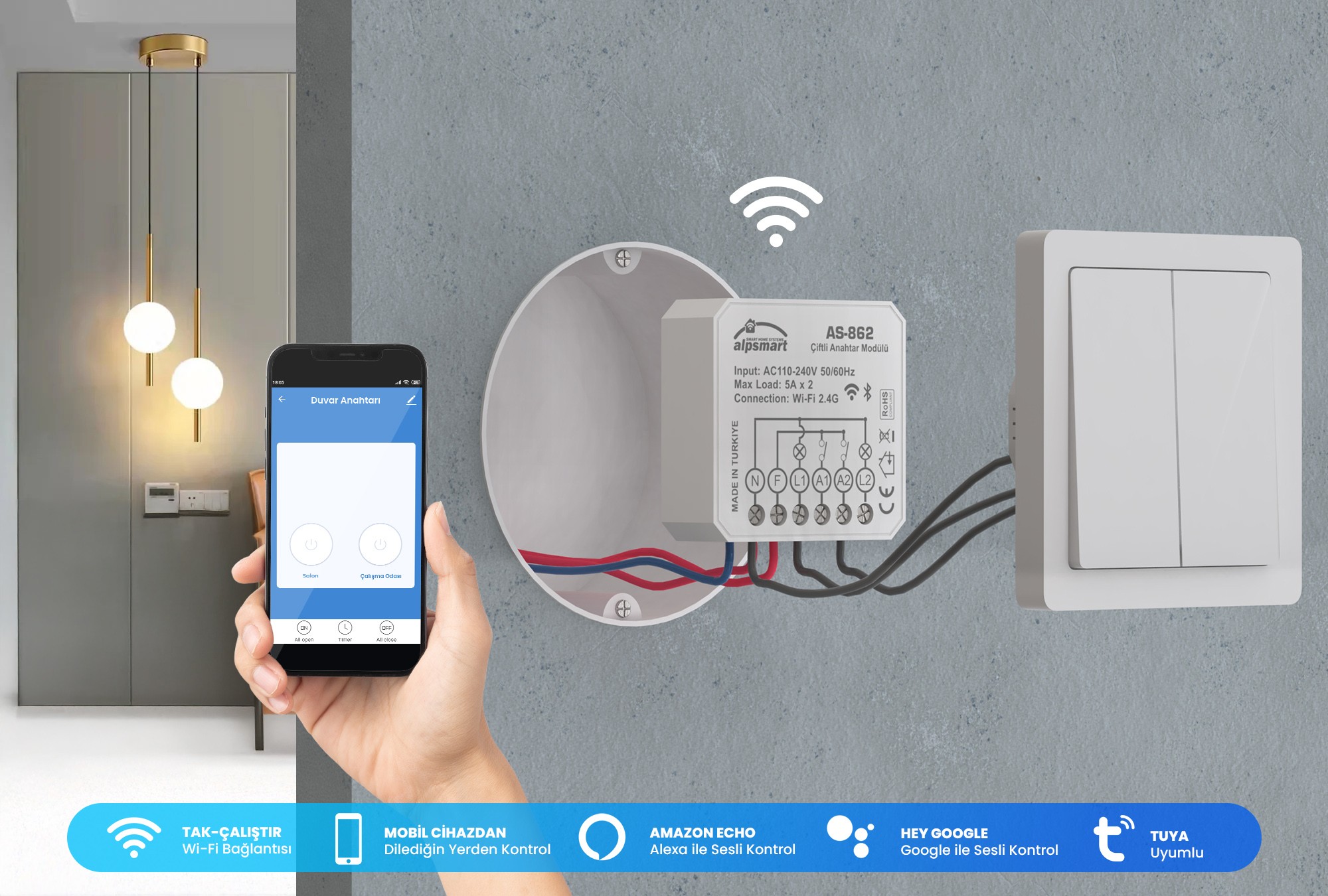 ALPSMART AS-862 Akıllı WiFi Çiftli Duvar Anahtarı Modülü Tuya Uyumlu
