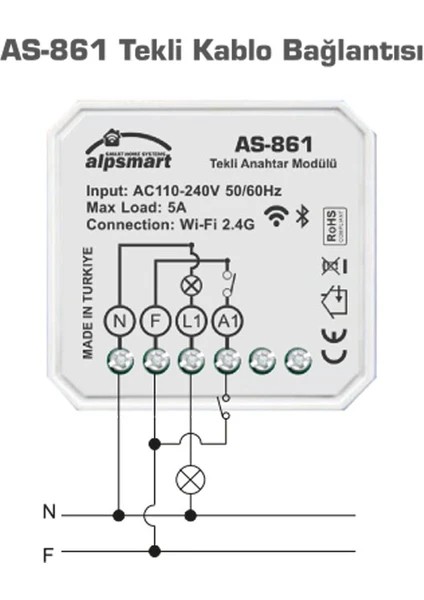 Alpsmart Akıllı Wi-Fi Tekli Duvar Anahtarı Modülü AS-861 Tuya Uyumlu