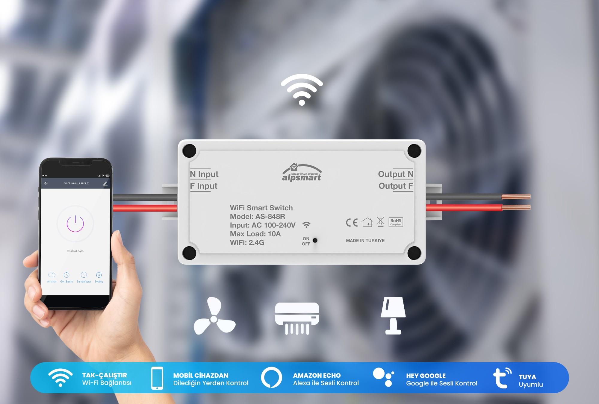 Alpsmart AS848R Akıllı Wifi Ev Rölesi Tuya App Uyumlu 10A (Akıllı Şalter)