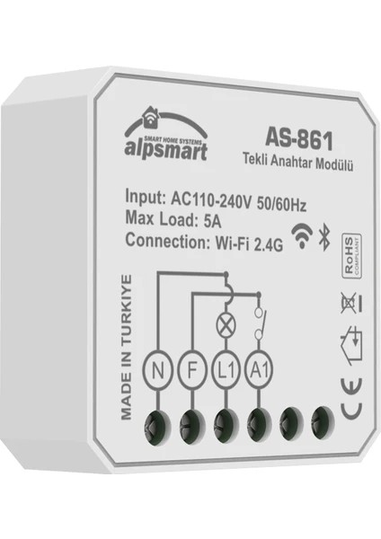 Alpsmart Akıllı Wi-Fi Tekli Duvar Anahtarı Modülü AS-861 Tuya Uyumlu