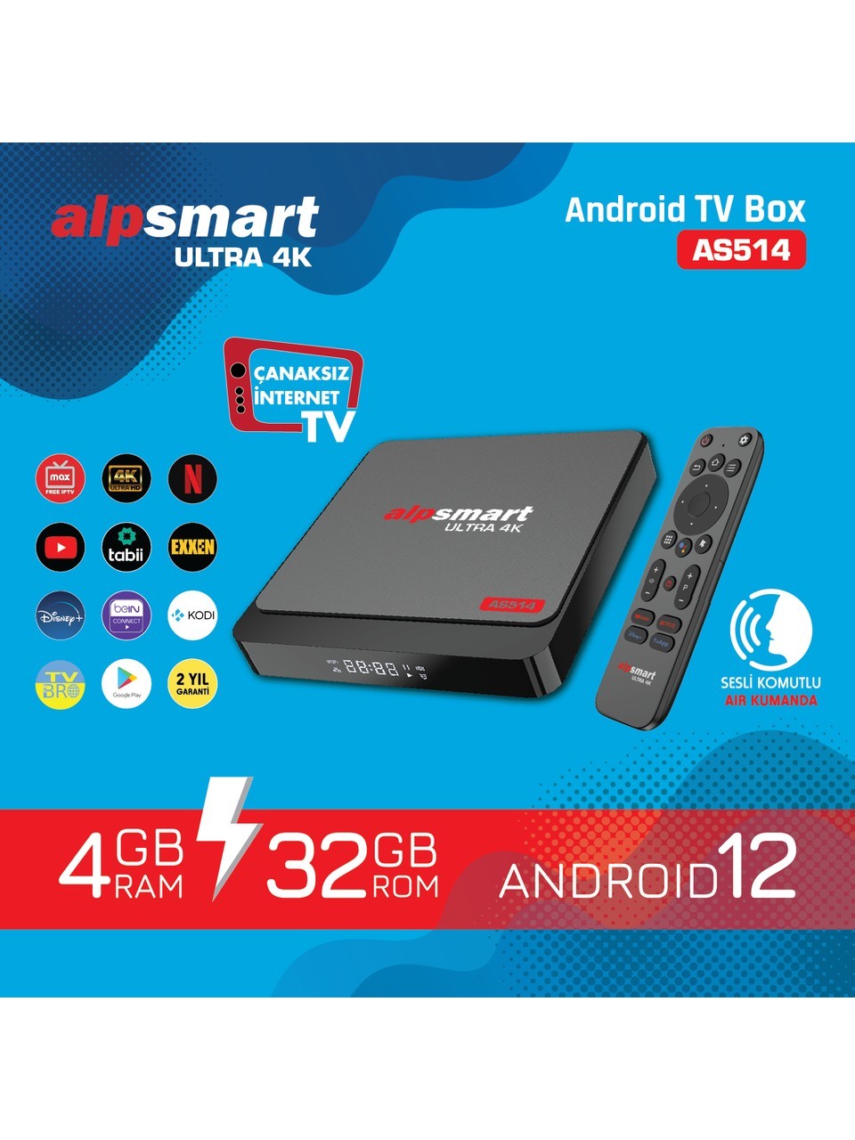 Alpsmart AS514 4G/32G Android TvBox Ses Komutlu BT Air Kumanda Android 12