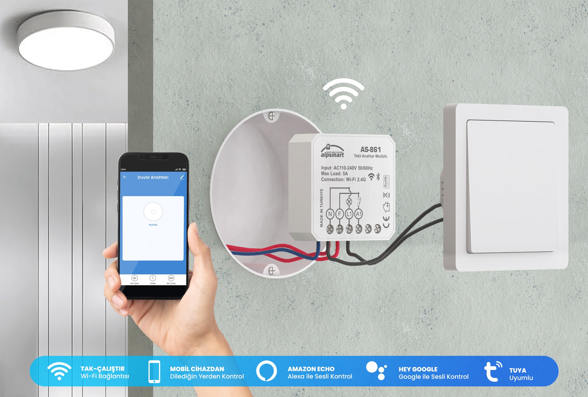 Alpsmart Akıllı Wi-Fi Tekli Duvar Anahtarı Modülü AS-861 Tuya Uyumlu