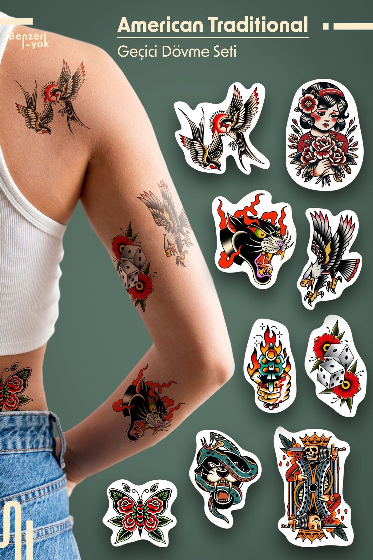 American Traditional Geçici Dövme Tattoo Seti 9 Adet