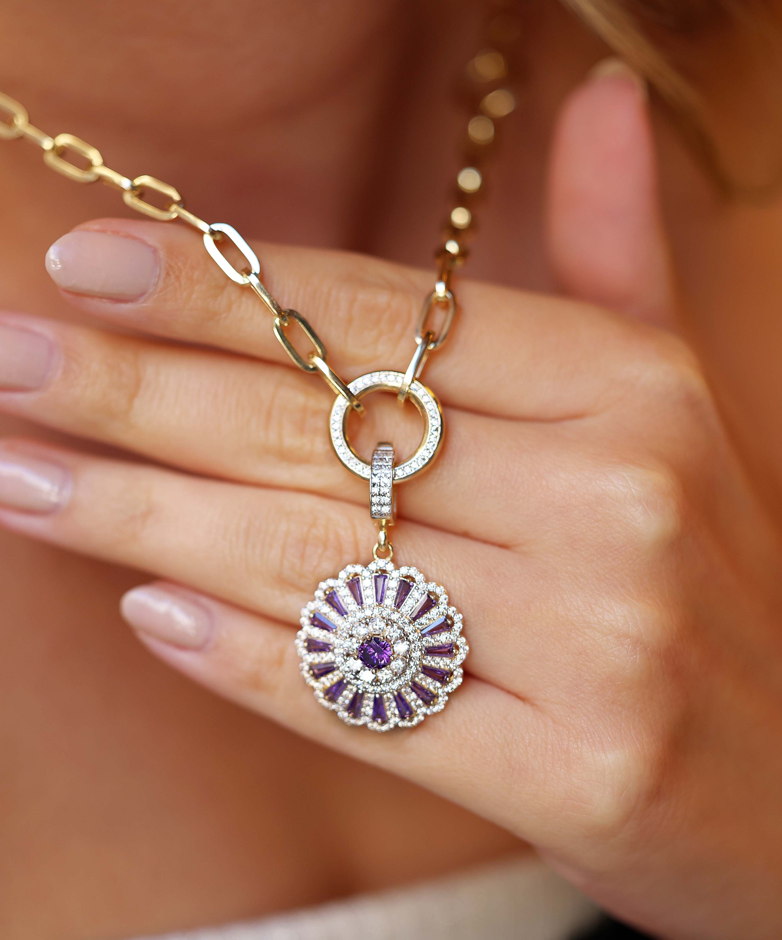 Altın Mor Taşlı Kolye Ucu