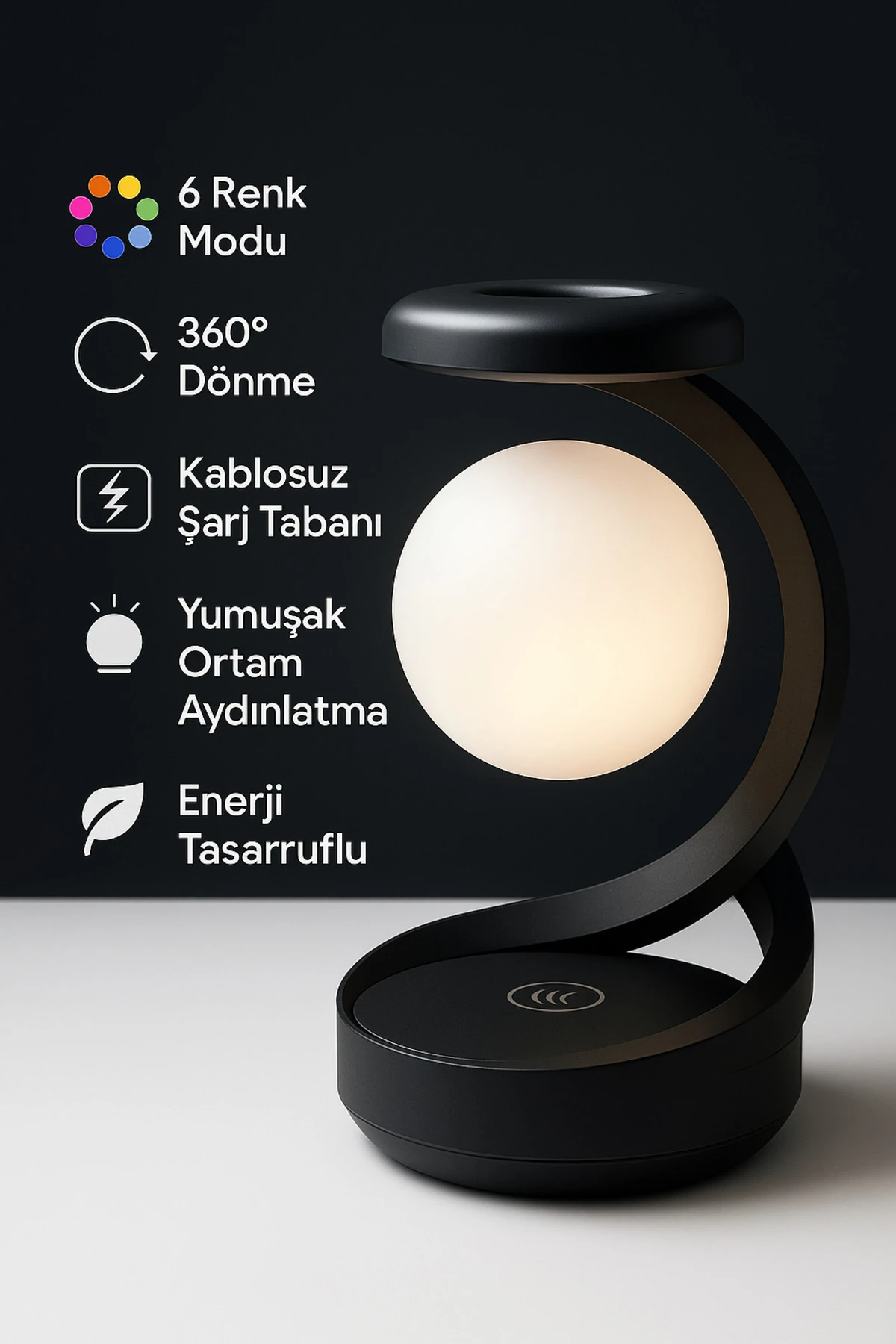 Kablosuz Şarjlı Dönen Gece Lambası Dokunmatik Kontrollü Masa Lambası 6 Renk RGB Işık
