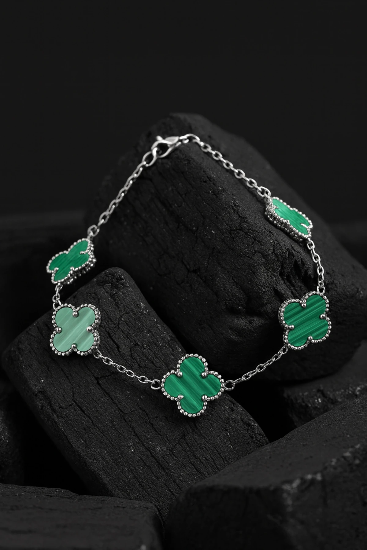 Yeşil Malakit Taşlı Petal Yaprak Model Çizgili Erkek Çelik Bileklik