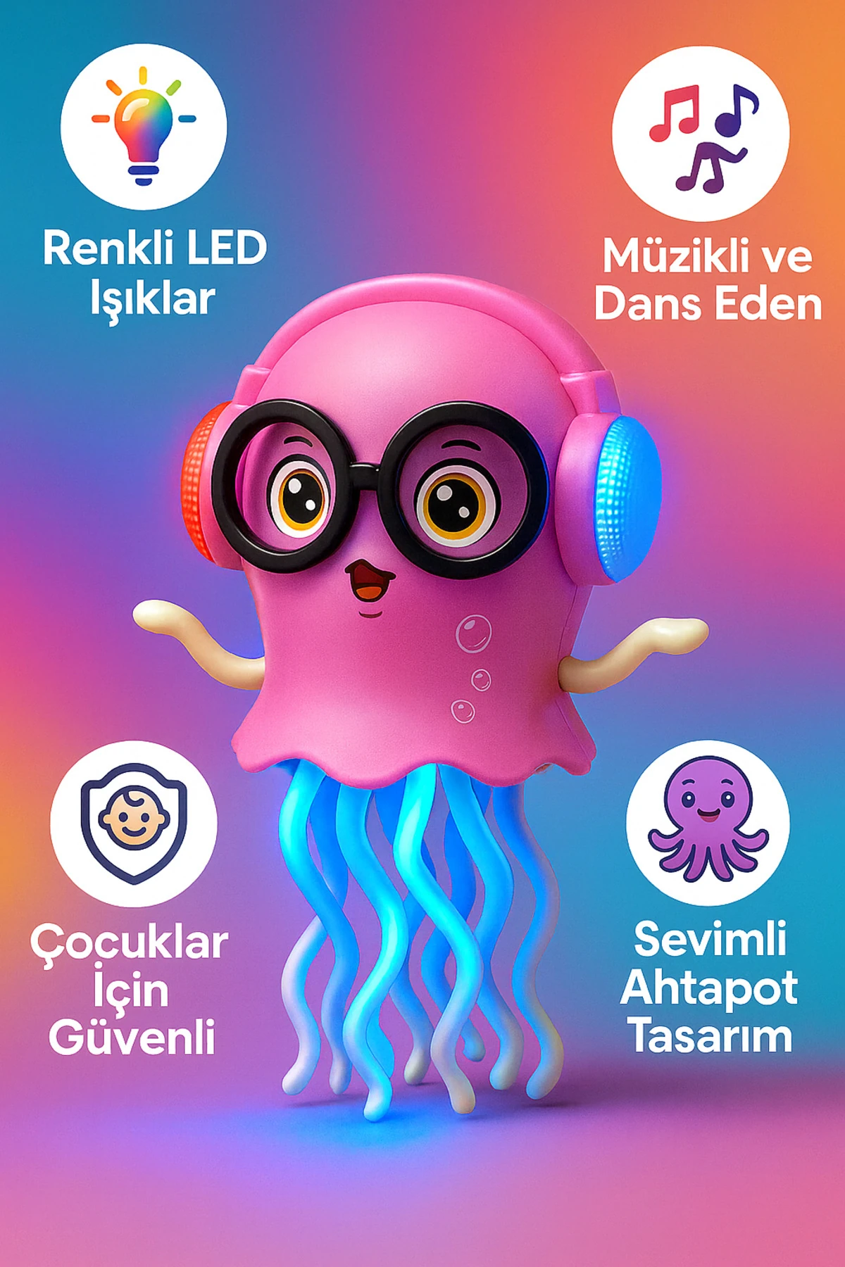 Rose Renk Sevimli Ahtapot Oyuncak Müzikli, Işıklı ve Dans Eden Çocuk Oyuncağı