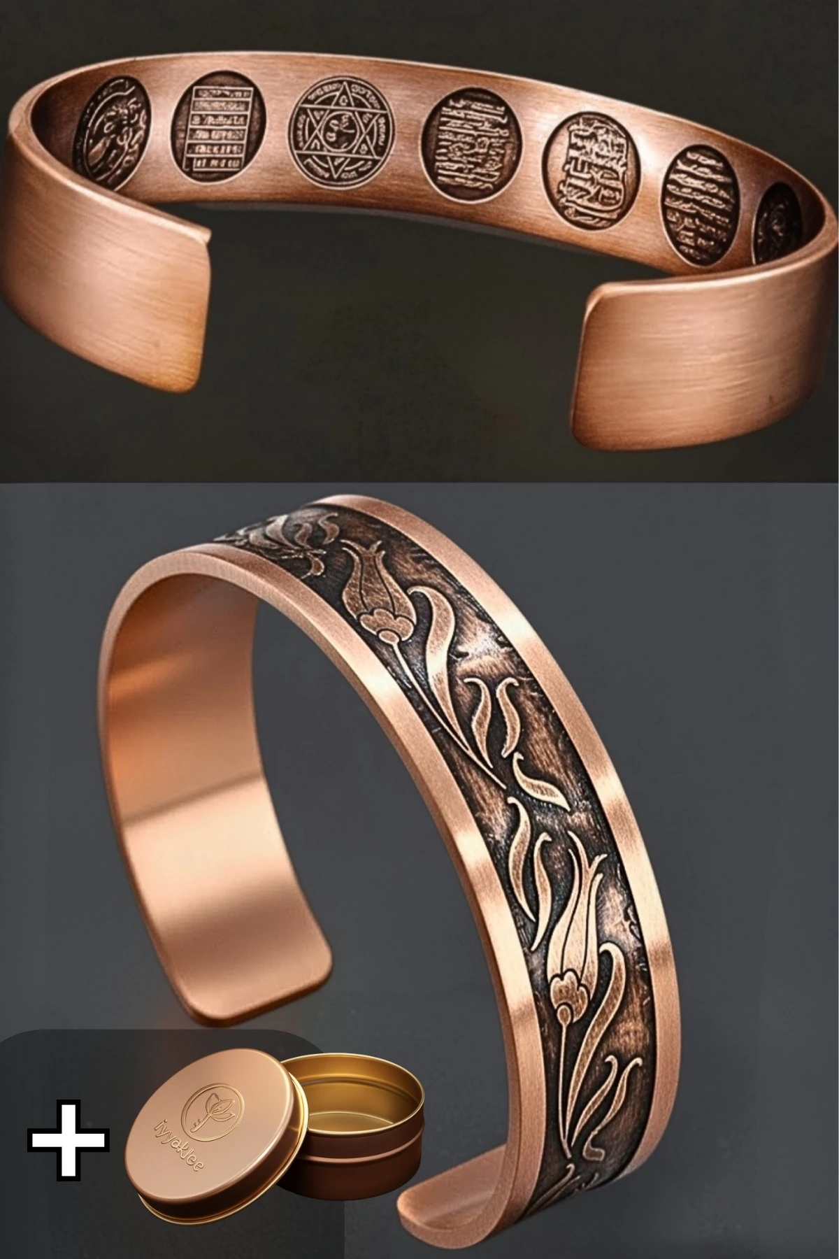 Lale Motifli Lazer Kazıma Dualı Bakır Bileklik Felak Nas Celcelutiye Hz Süleyman Mühürü Koruyucu