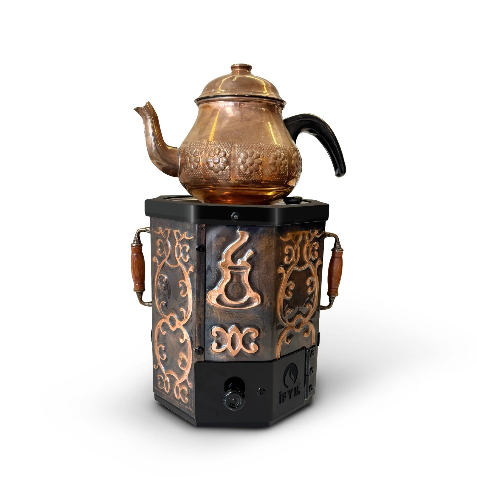 Nostaljik Jelli Bakır İşlemeli Çay Semaveri - 3 Litre (Bakır Demlik Hediyeli)