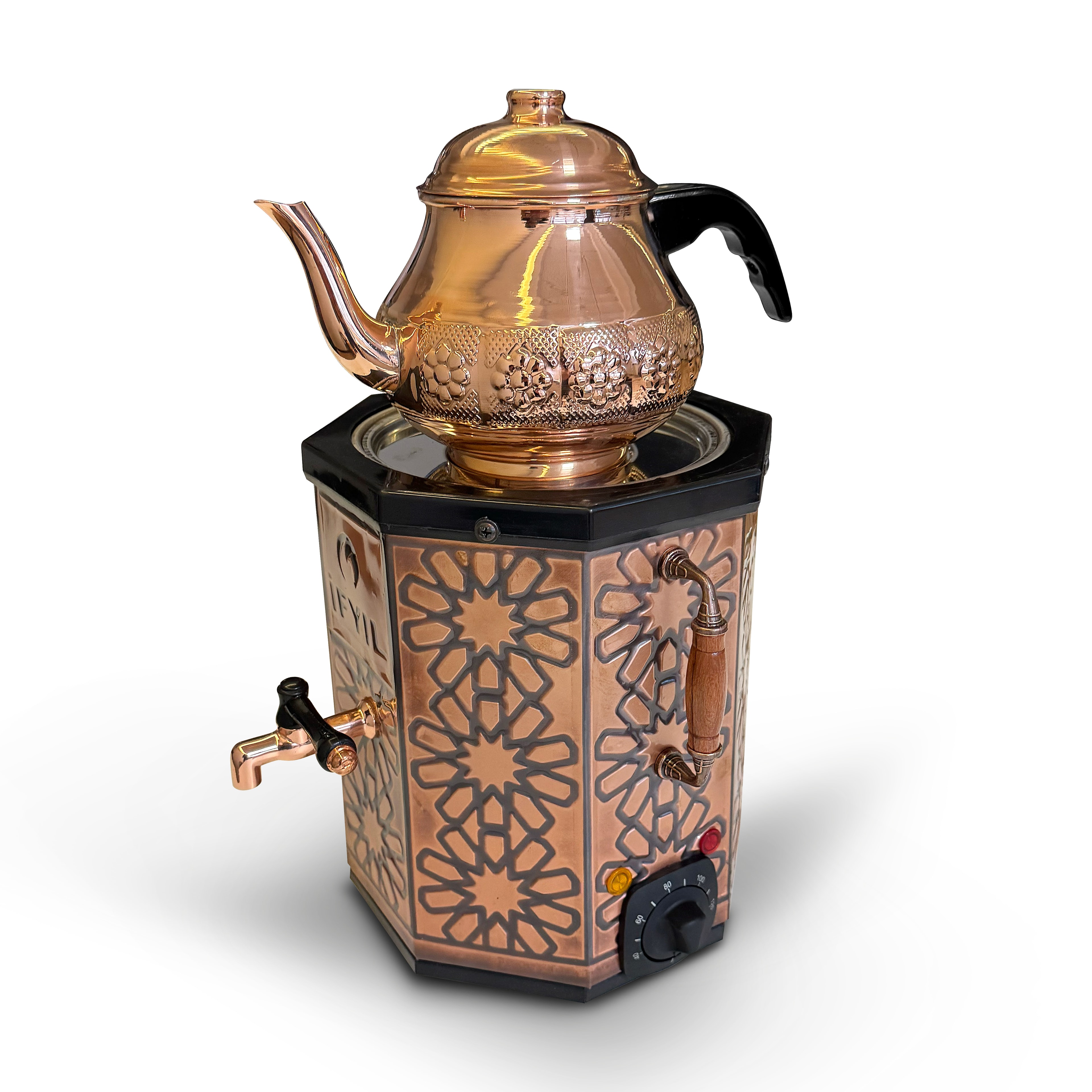 Nostaljik Jelli Bakır İşlemeli Çay Semaveri - 3 Litre (Bakır Demlik Hediyeli)