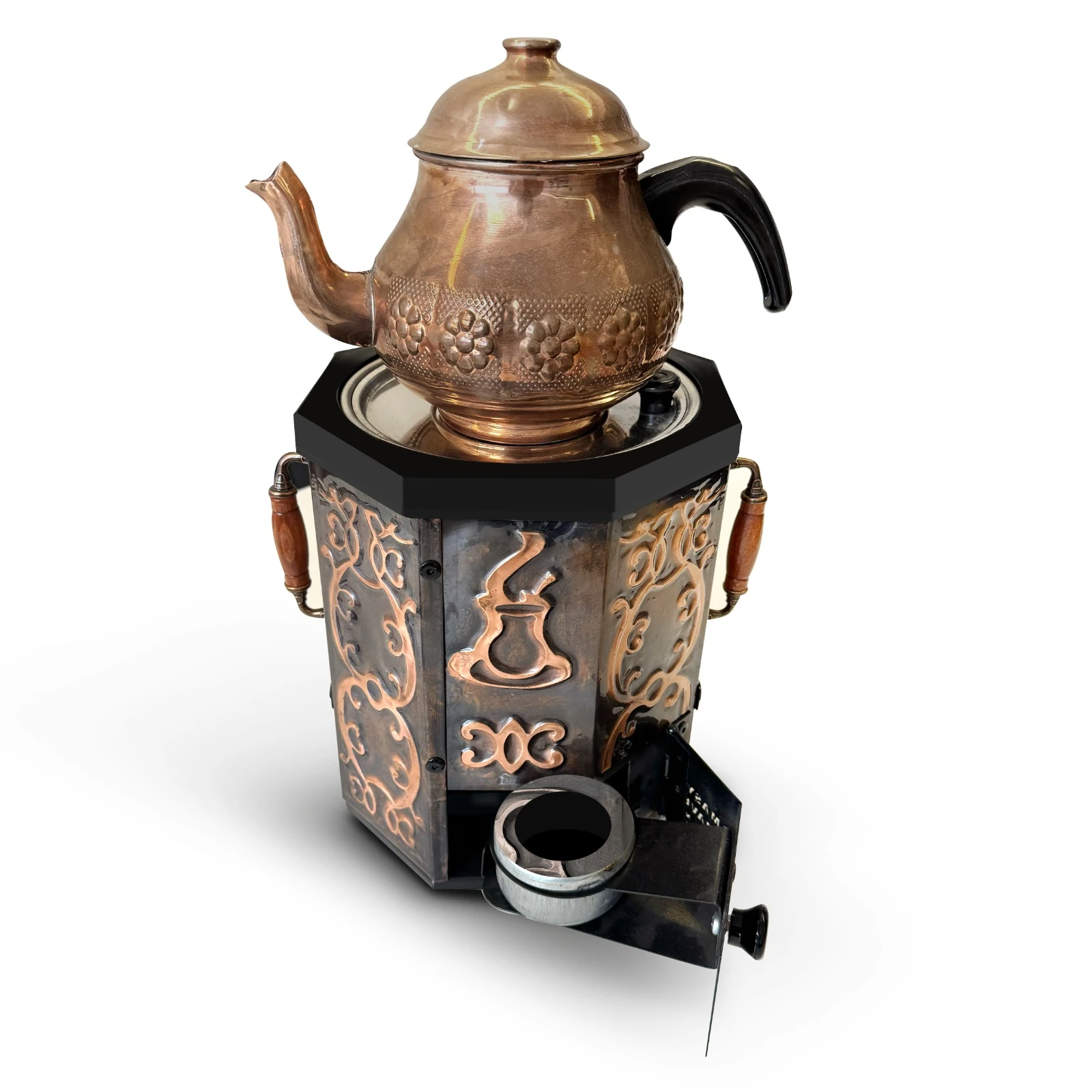 Nostaljik Jelli Bakır İşlemeli Çay Semaveri - 3 Litre (Bakır Demlik Hediyeli)