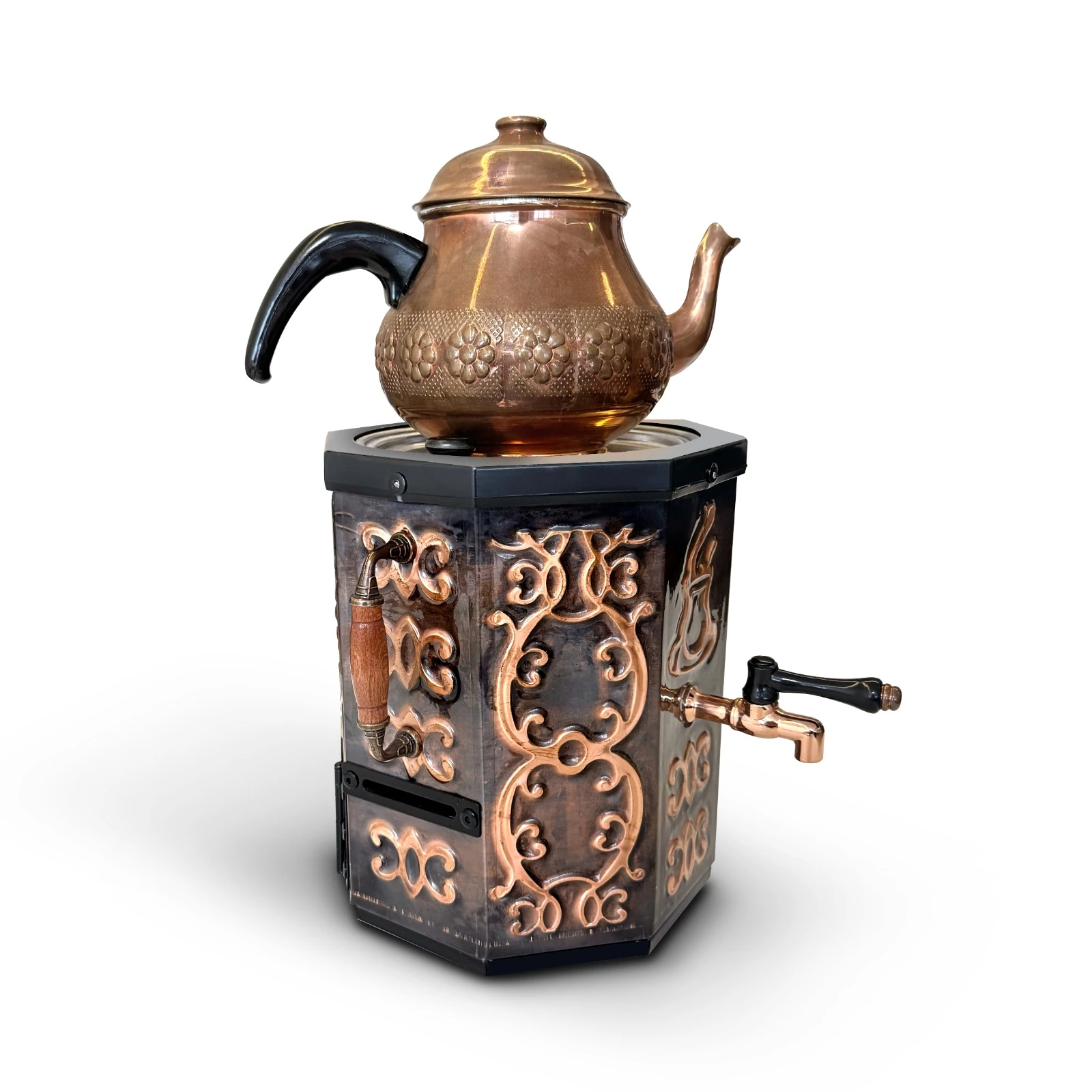 Nostaljik Jelli Bakır İşlemeli Çay Semaveri - 3 Litre (Bakır Demlik Hediyeli)