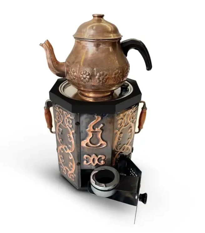 Nostaljik Jelli Bakır İşlemeli Çay Semaveri - 3 Litre (Bakır Demlik Hediyeli)