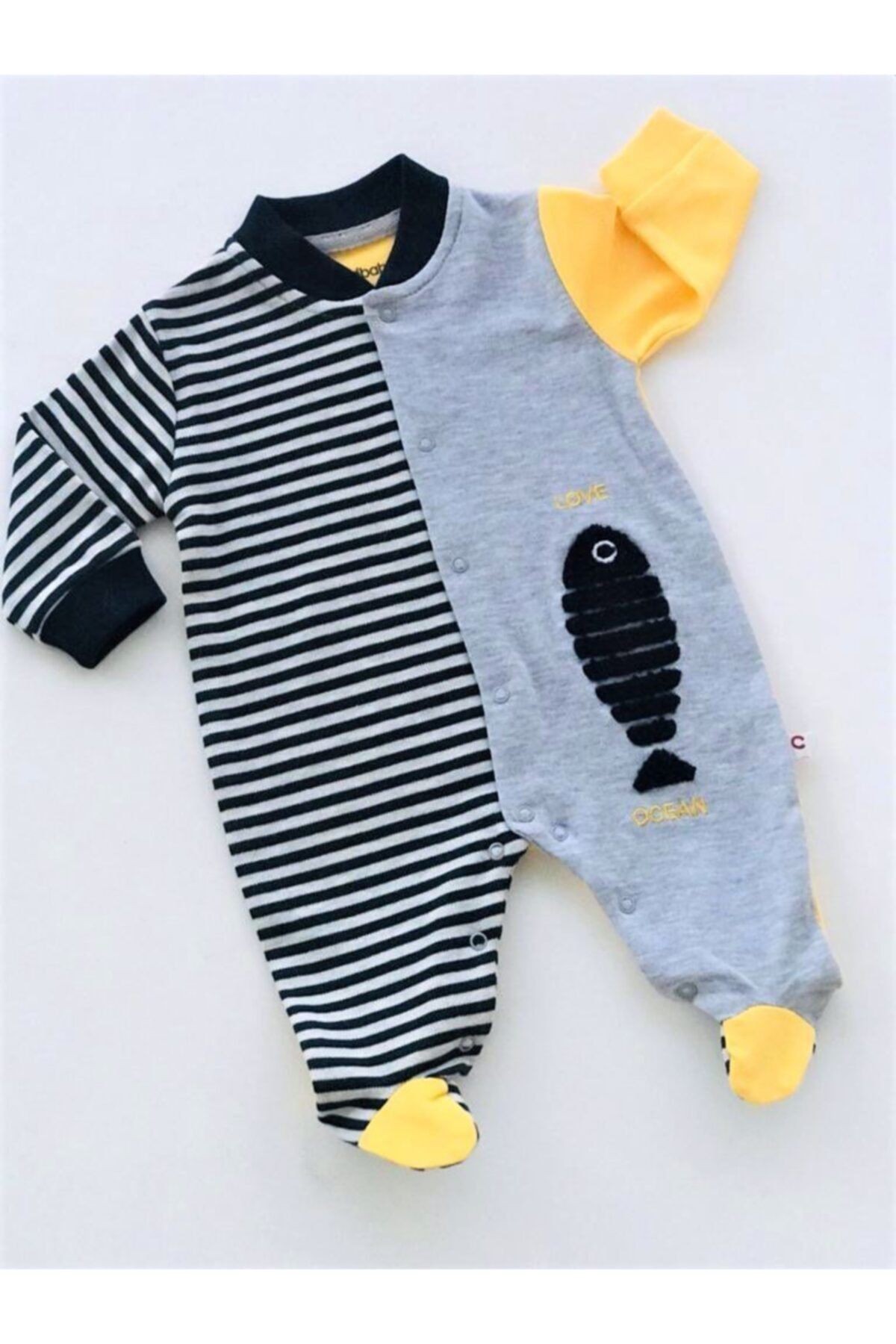 Bebek Sarı Baby Boss Balık Desenli Önden Çıtçıtlı Tulum