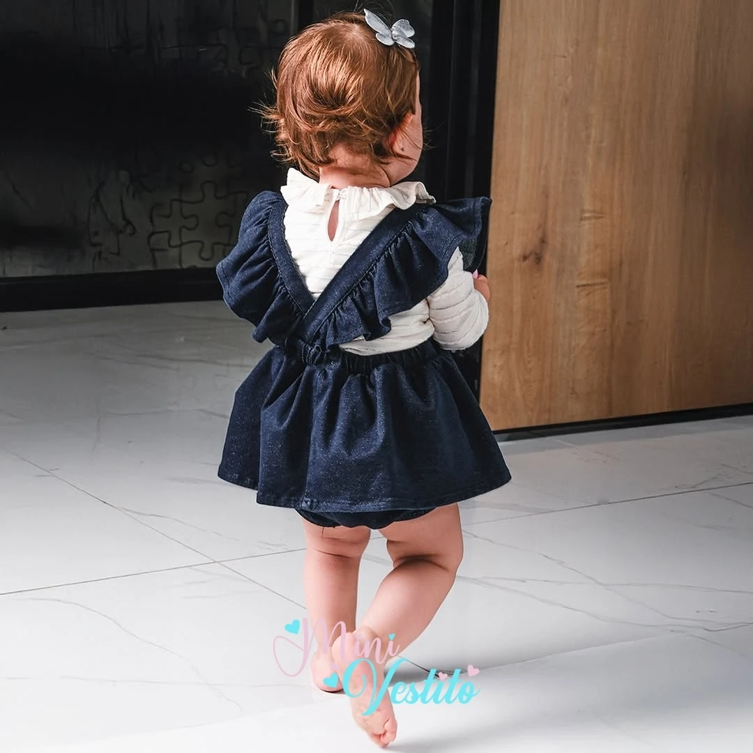 Taşlı Fiyonk Desenli Denim Romper