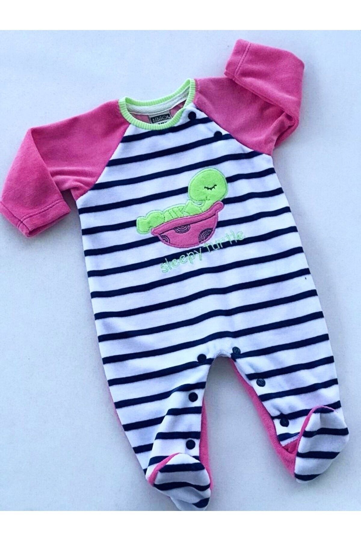 Sleepy Turtle Uyuyan Kaplumbağa Indigo Çizgili Patikli Kadife Tulum Bebitof Baby