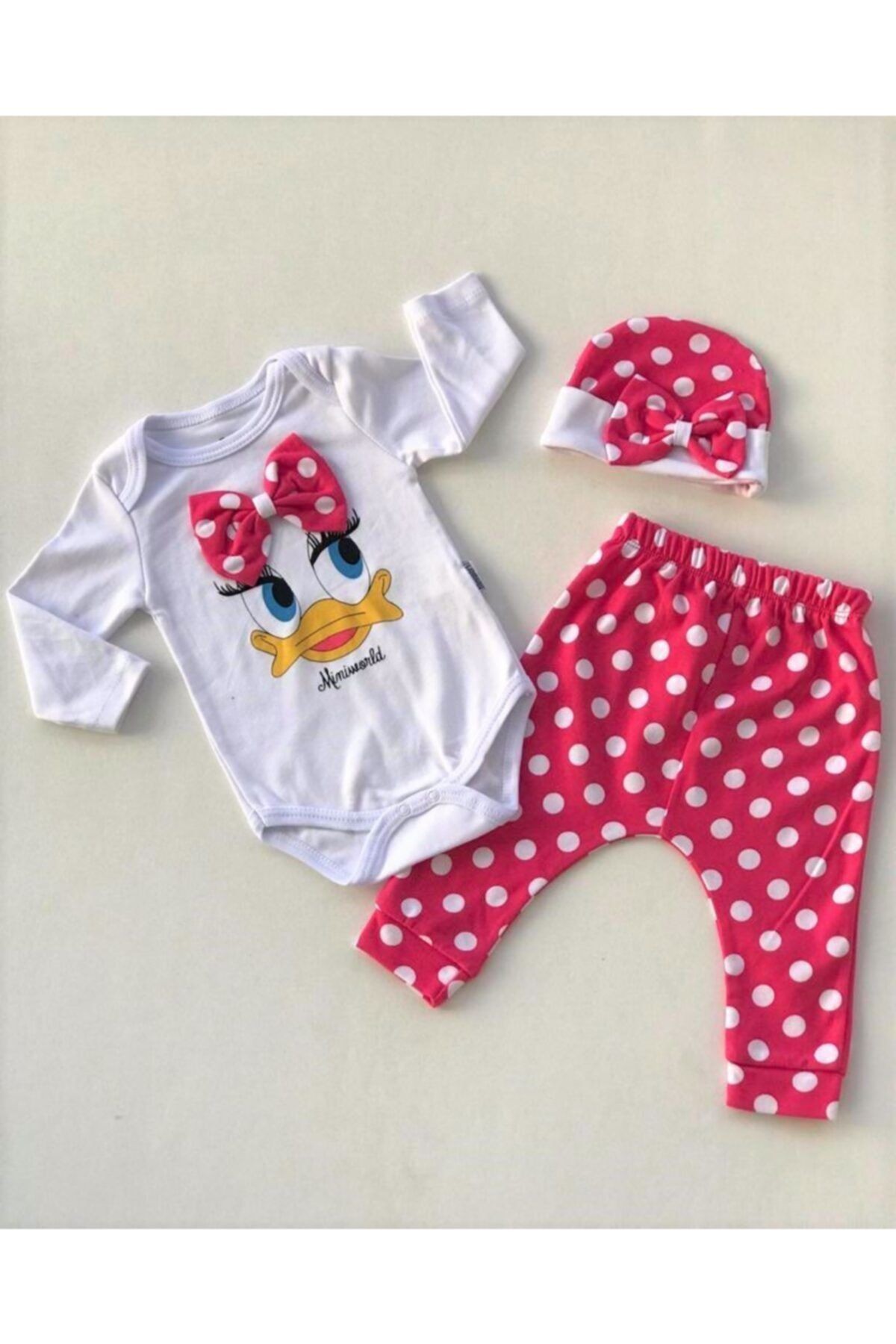 Kız Bebek Beyaz Duck Desenli Puanlı 3'lü Set