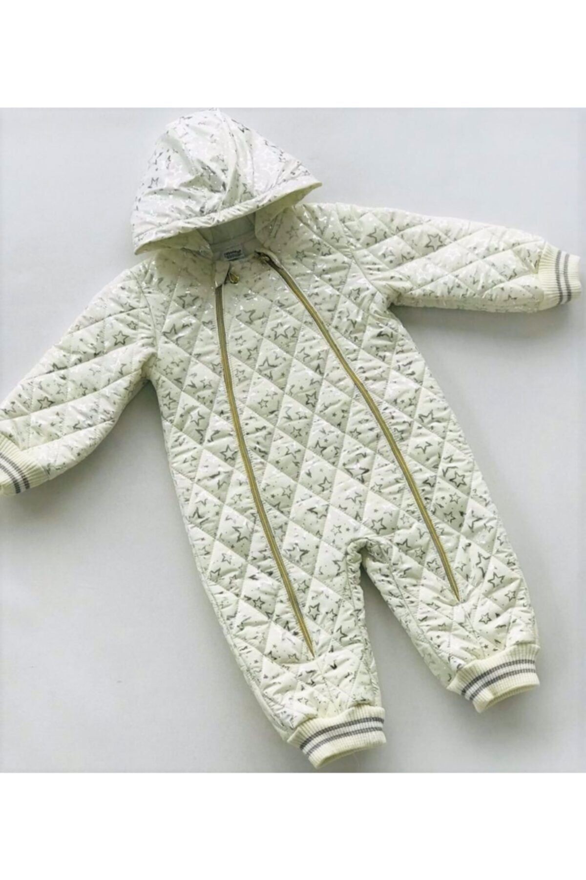 Unisex Bebek Ekru Altın Varaklı Çift Fermuarlı Kozmonot