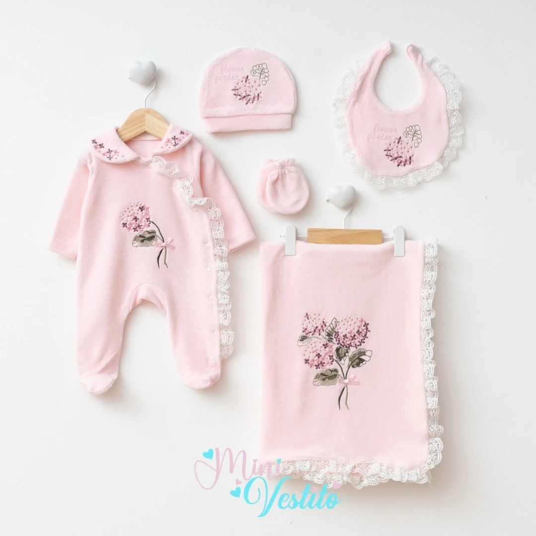 Fırfırella Lora Şapkalı Battaniyeli % 100 Pamuk Kadife 5 Li Set - Ortanca Pembe