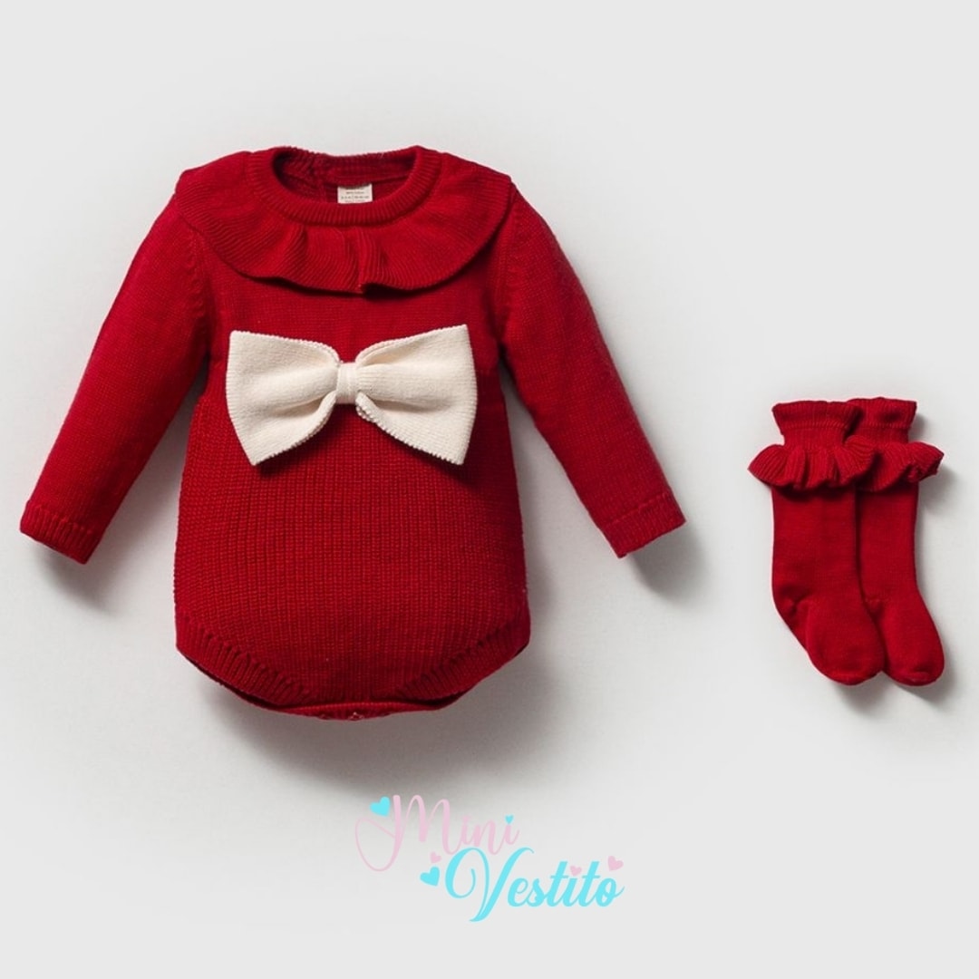 Foye Christmas Çoraplı Fiyonklu Triko Romper