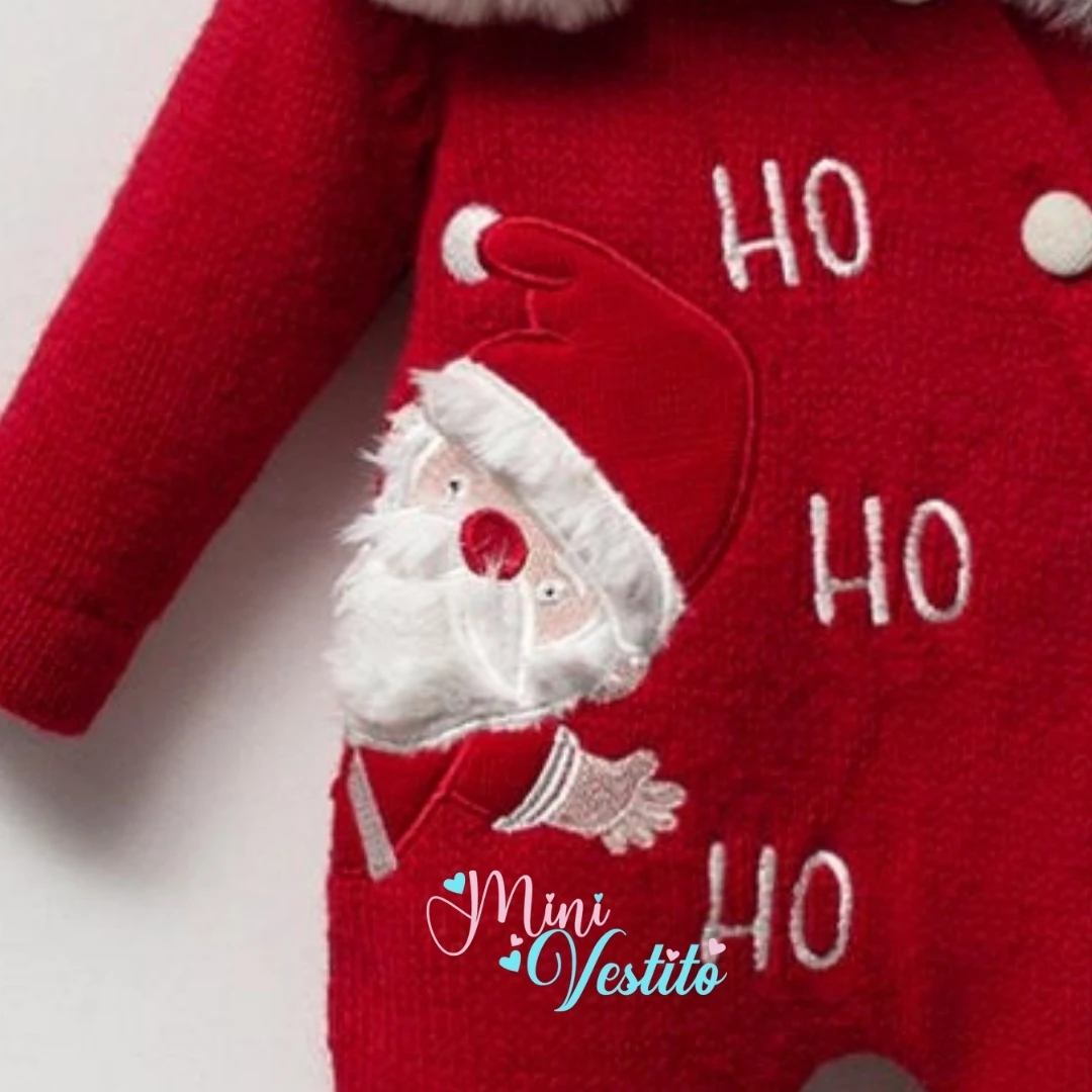 Ho Ho Ho Christmas Desenli Kürklü Düğmeli Kapuşonlu Tulum