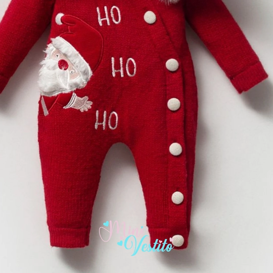 Ho Ho Ho Christmas Desenli Kürklü Düğmeli Kapuşonlu Tulum