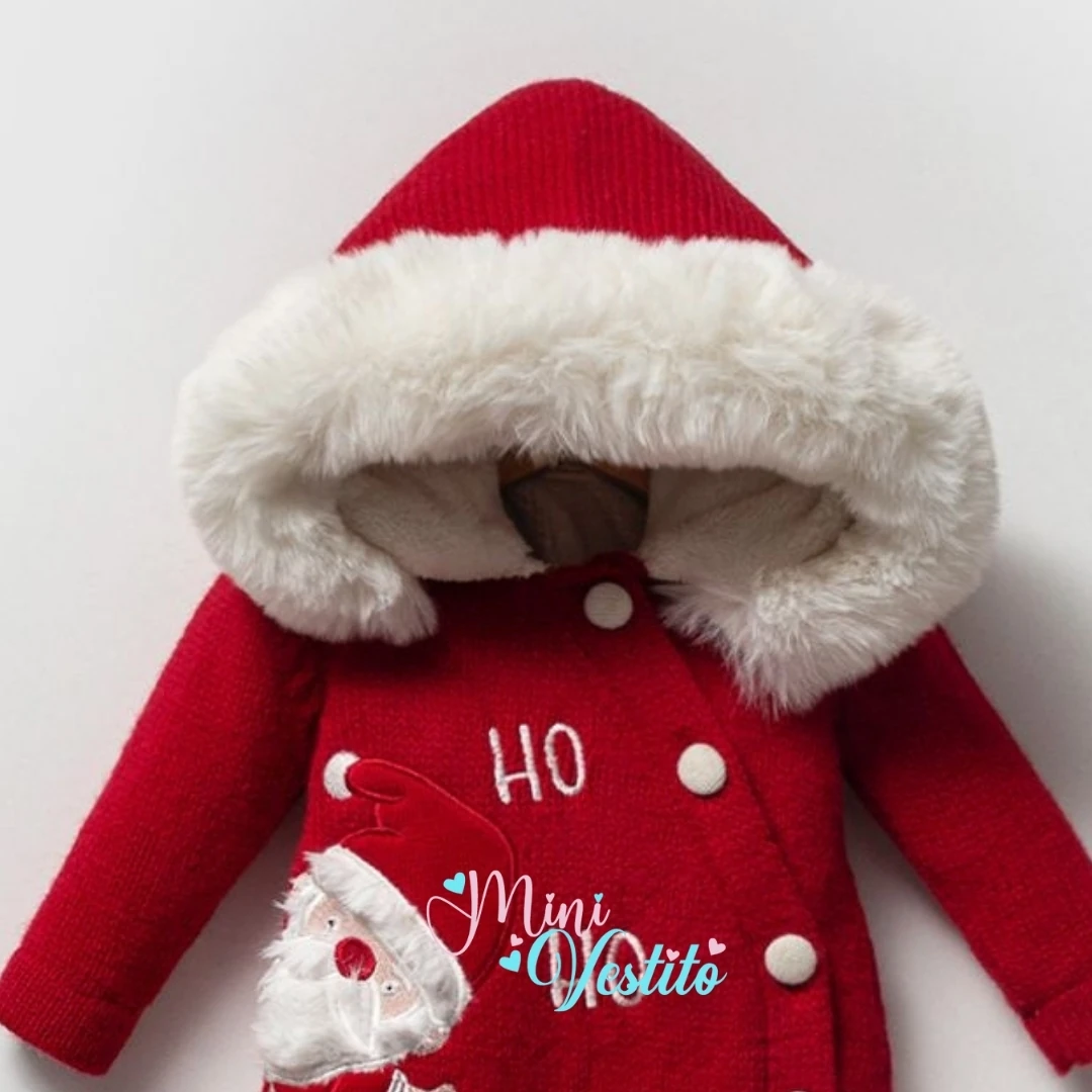 Ho Ho Ho Christmas Desenli Kürklü Düğmeli Kapuşonlu Tulum