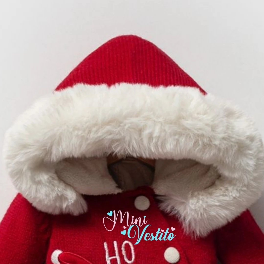 Ho Ho Ho Christmas Desenli Kürklü Düğmeli Kapuşonlu Tulum