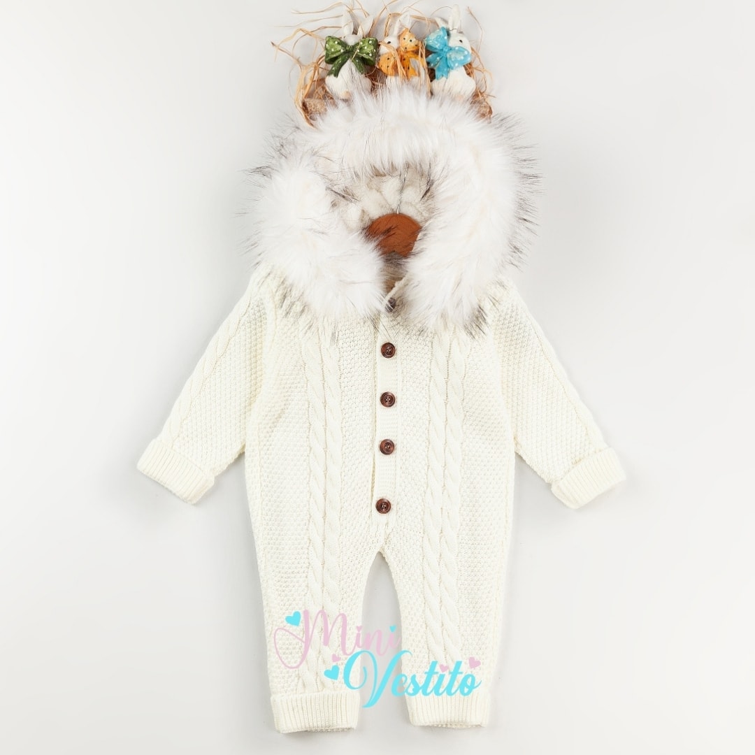 Fur Coat Önden Düğmeli Yapay Kürklü Triko Tulum