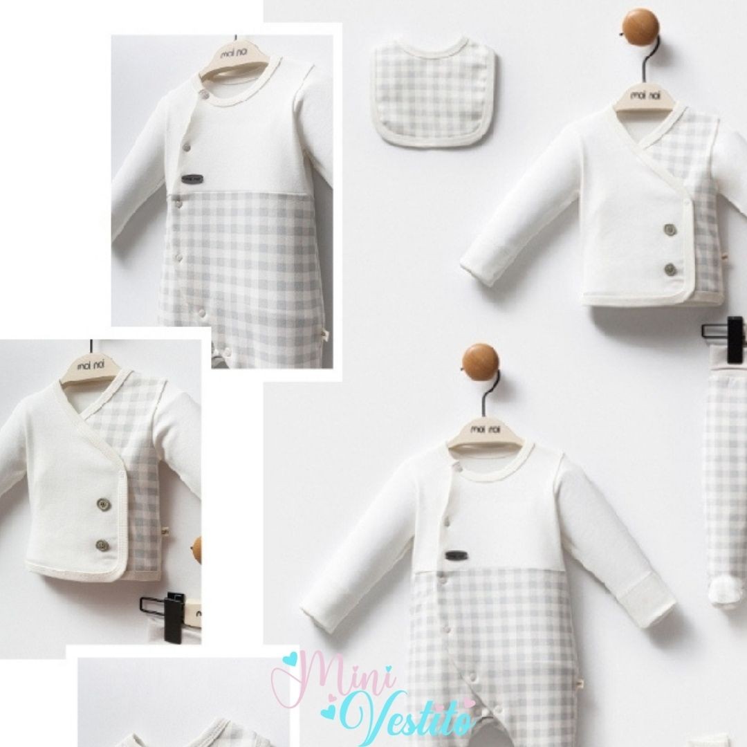 🌿 “Doğal Zarafet” 10 Parça Unisex Hastane Çıkışı Takımı – Ekru & Gri Ekose