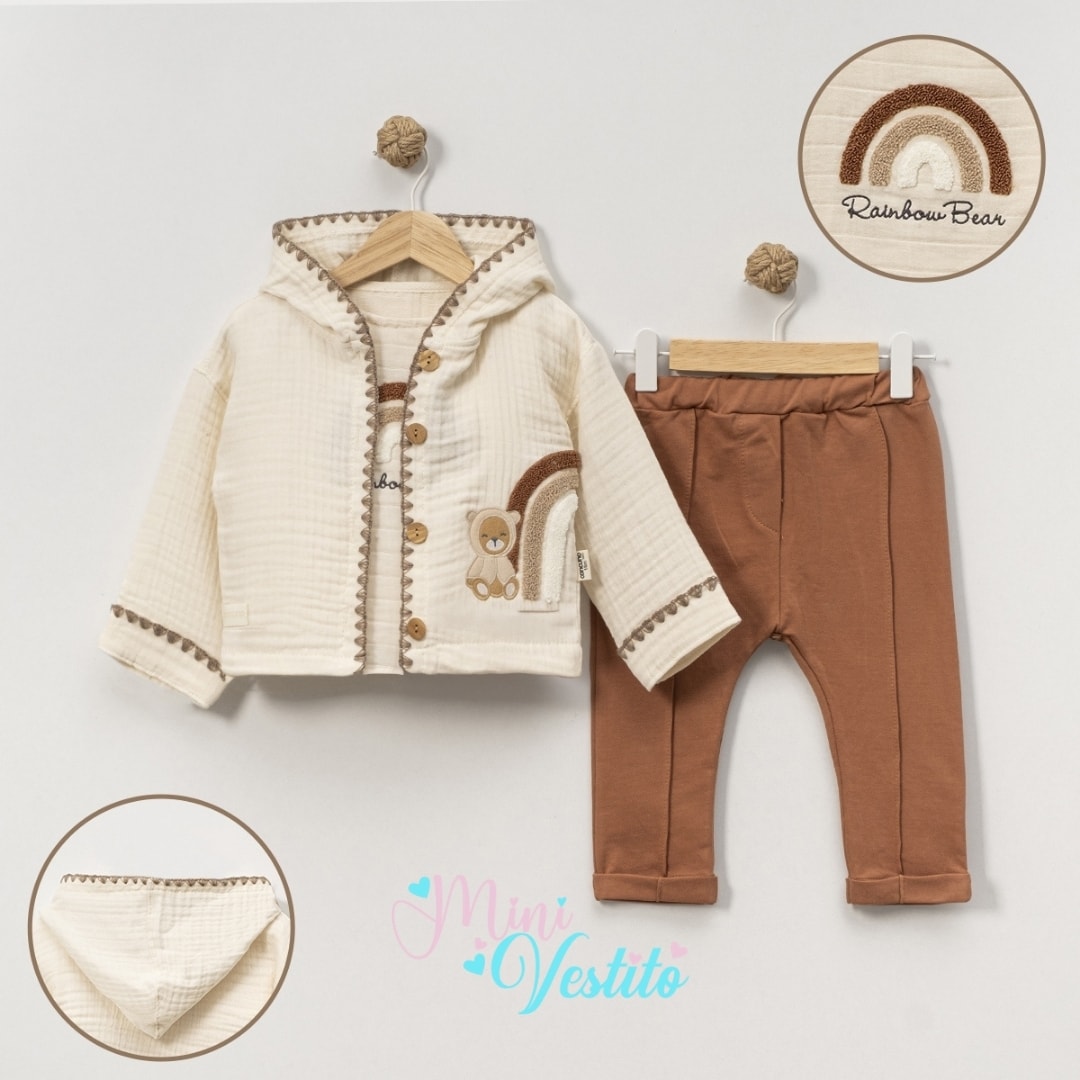 Muslin Hırkalı Ayıcık Desenli Kapuşonlu 3 Lü Takım