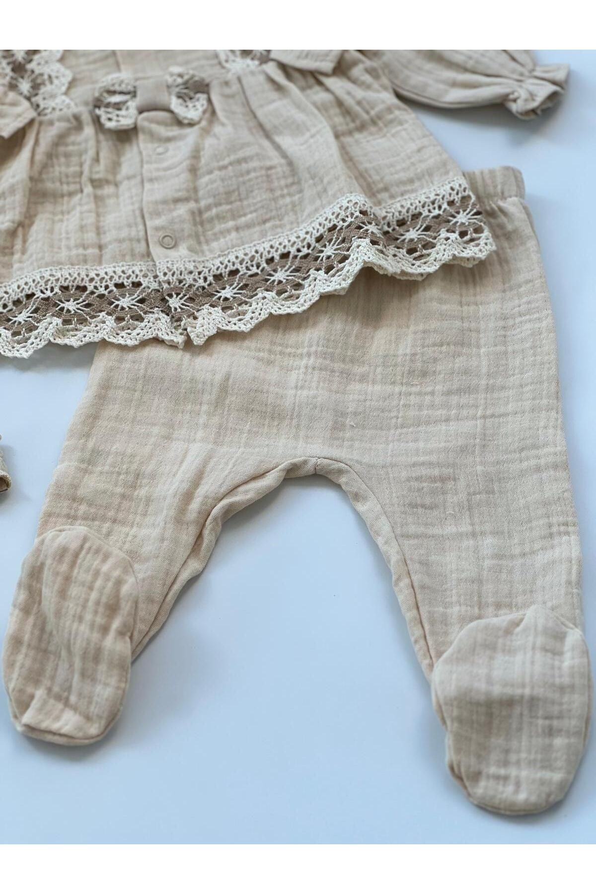 Mia Dantelli % 100 Pamuk Organik Muslin 3 Parça Uzun Kollu Hastane Çıkışı