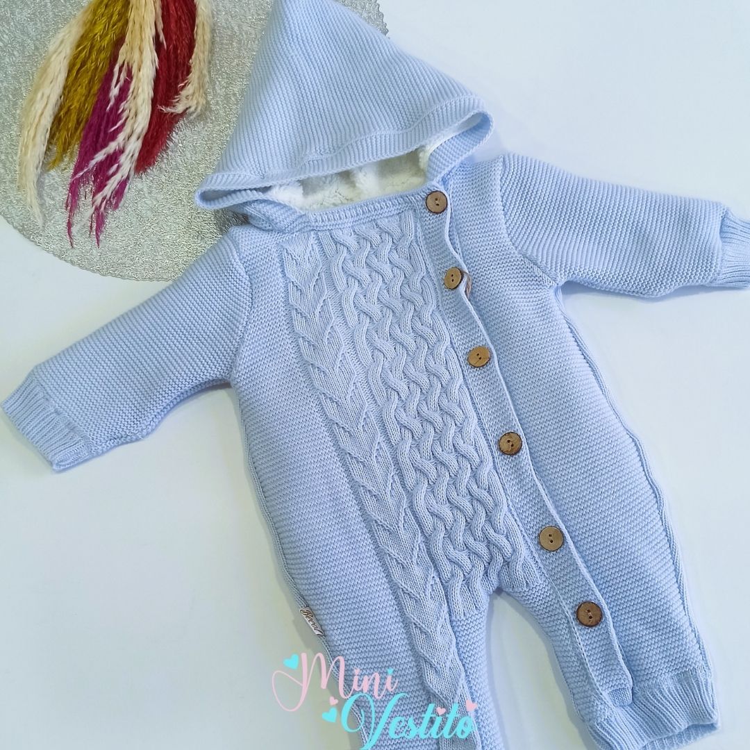 London İçi Peluşlu Kapuşonlu Yandan Düğmeli Triko Tulum