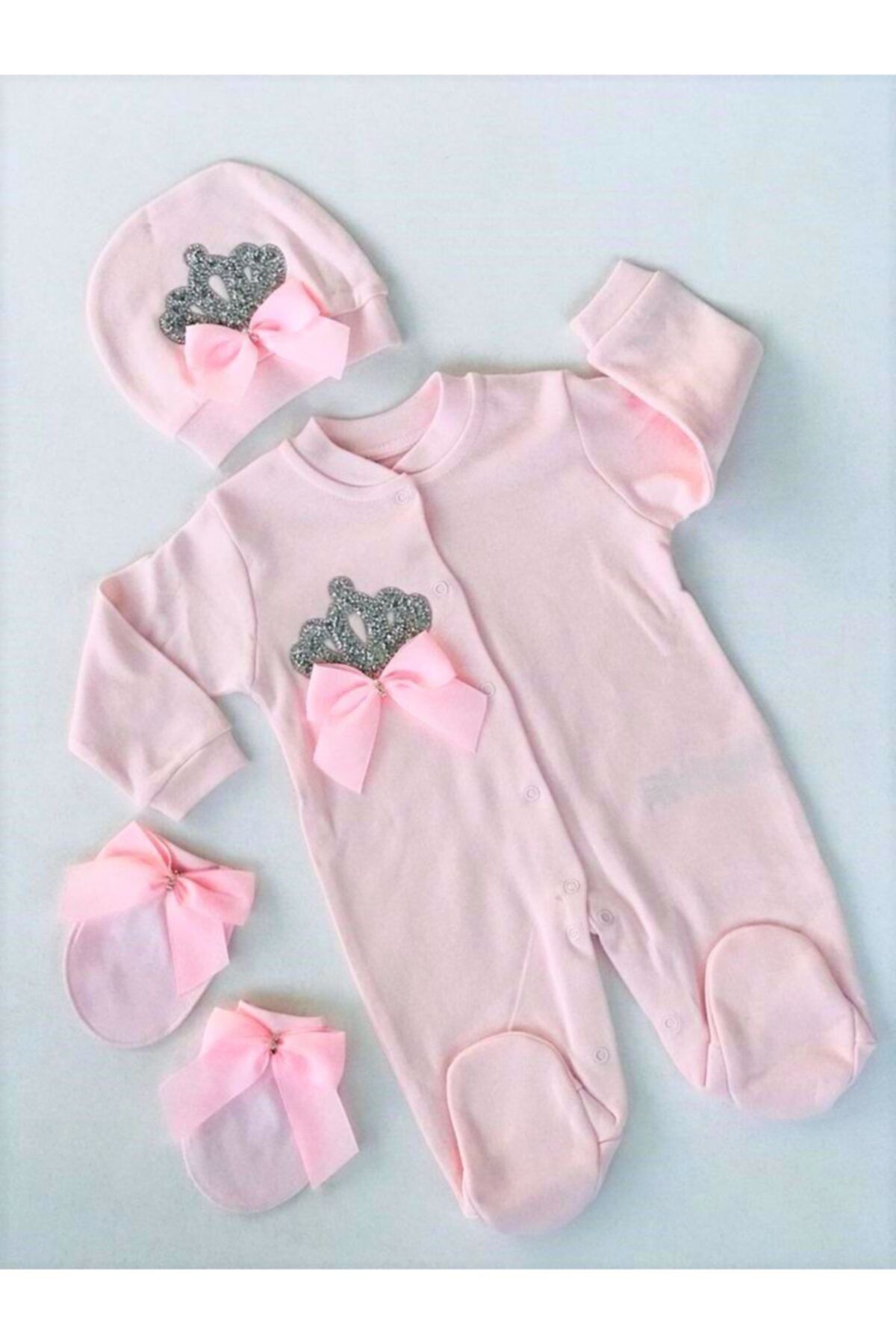 Baby Boss Taşlı Taç Desenli Penye Eldivenli Tulum Pembe