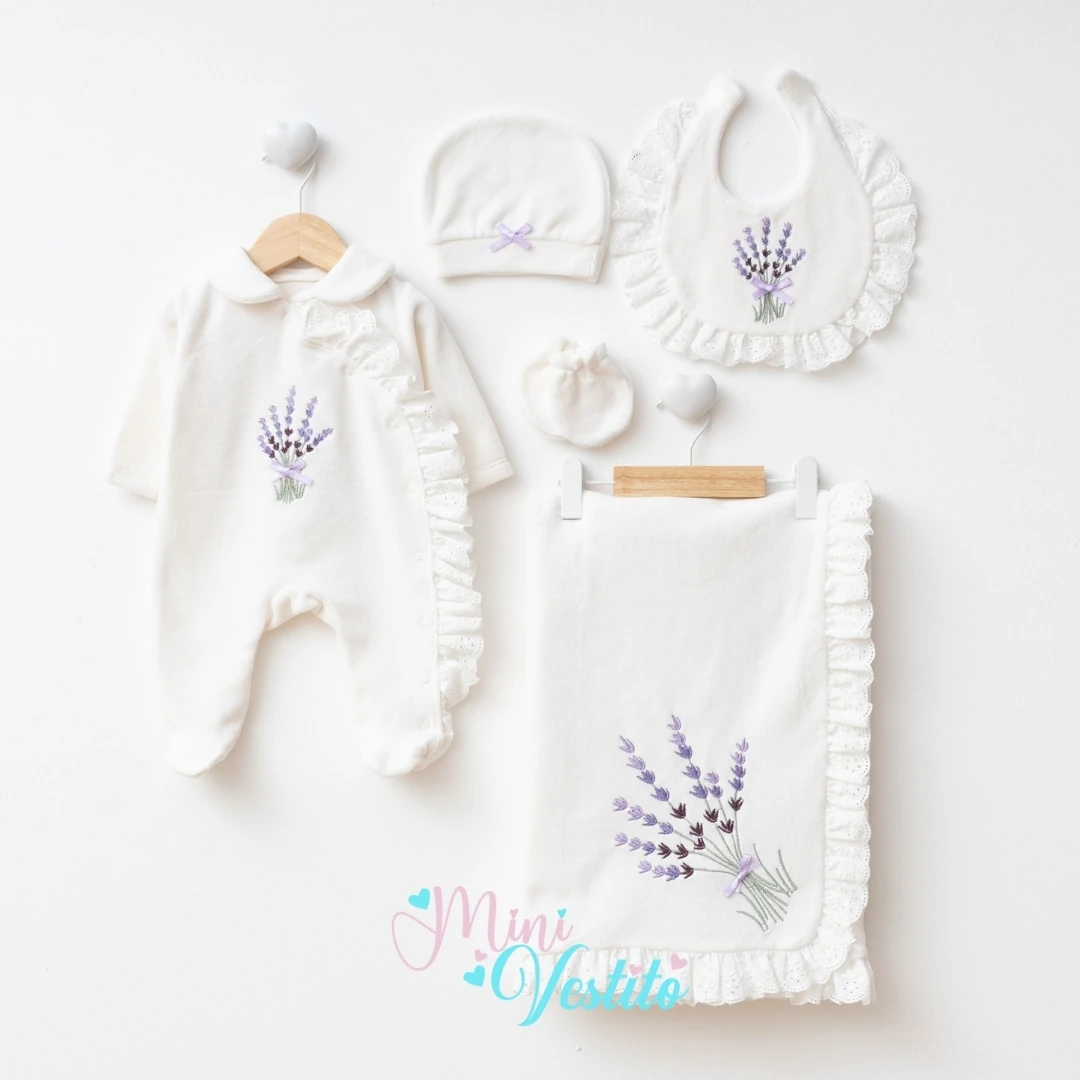 Lavanta Desenli  % 100 Pamuk Kadife Battaniyeli 5 Li Set