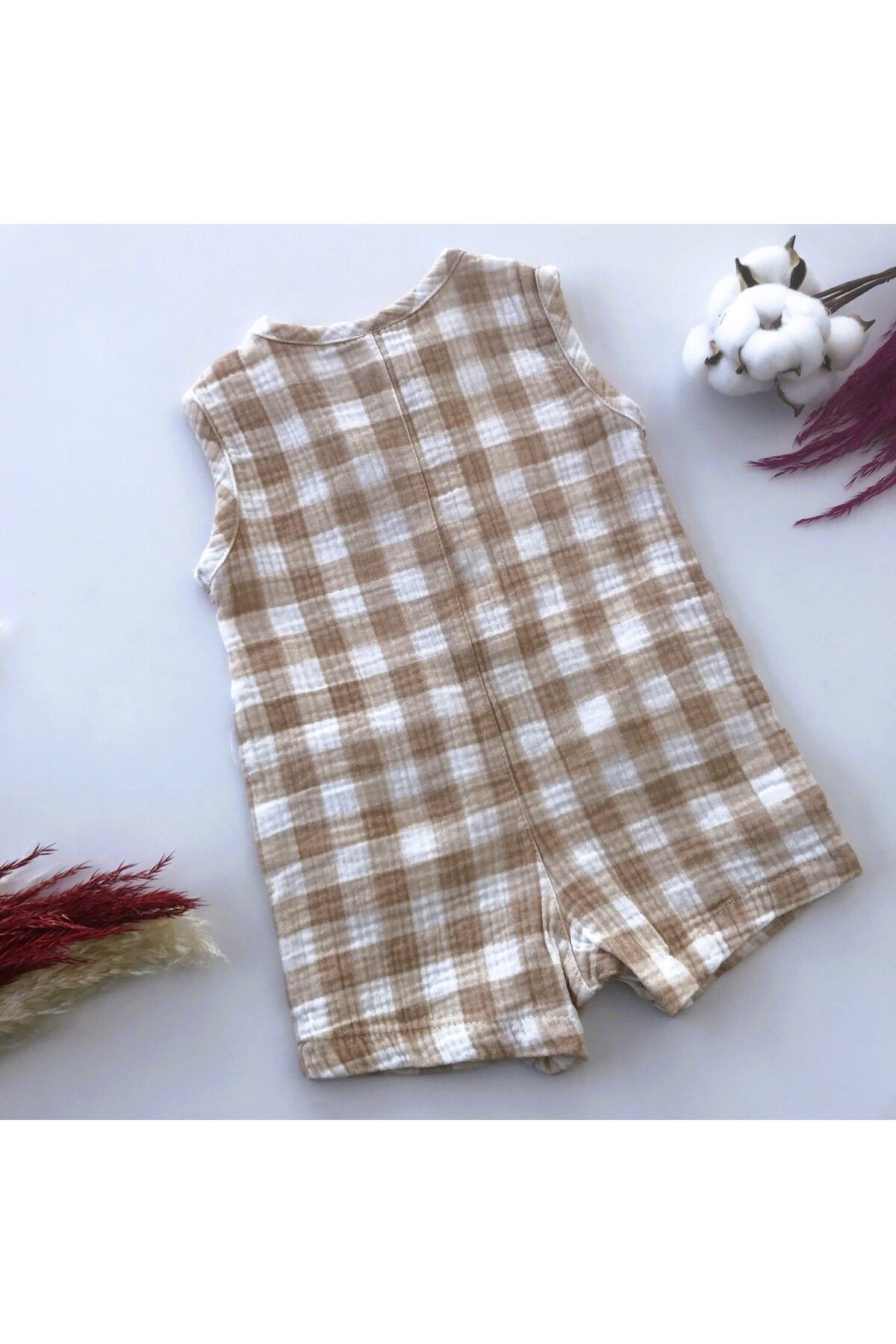 Chester % 100 Organik Muslin Ekose Kare Desenli Barbatoz Tulum