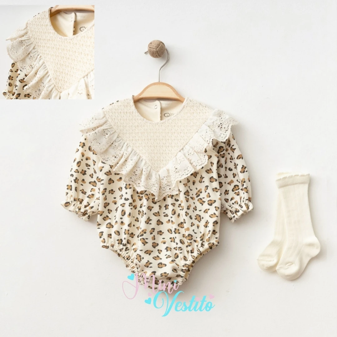 Leopar Desenli Dantelli Çoraplı Bady 