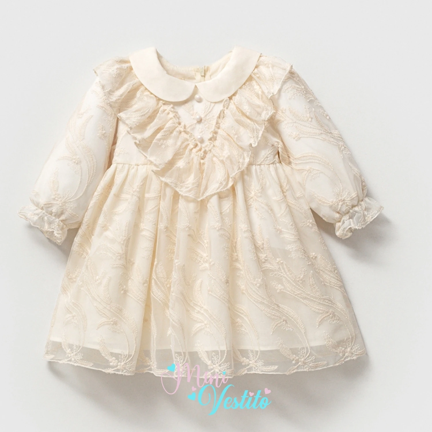 Fırfırlı V Yaka Dantelli İnci Düğmeli Uzun Kollu Astarlı Elbise