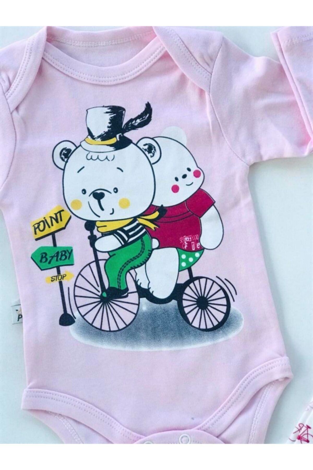 Kız Bebek Pembe Bisiklet Baskılı Şapkalı 3'lü Set