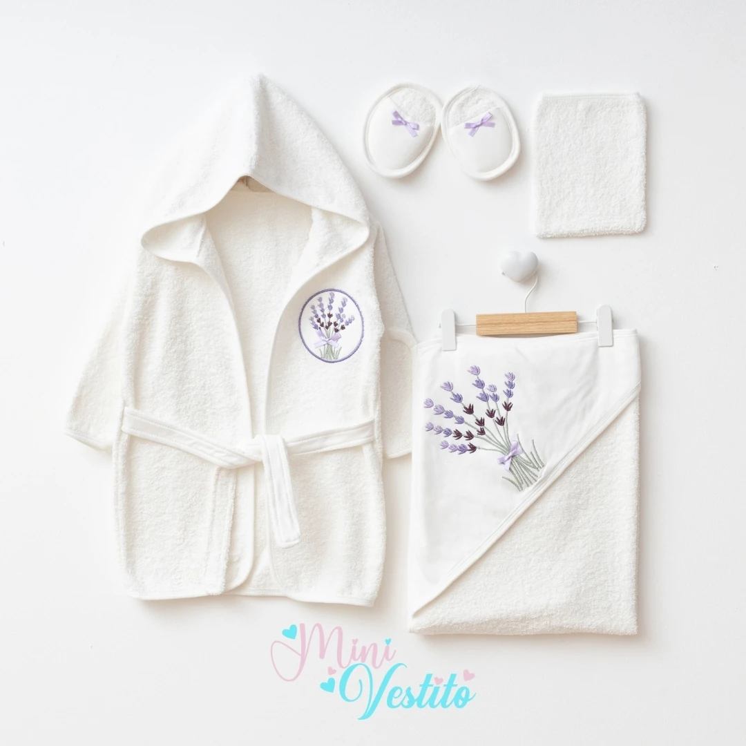 Lavanta Desenli Battanyeli 4 Parça Bornoz Takımı