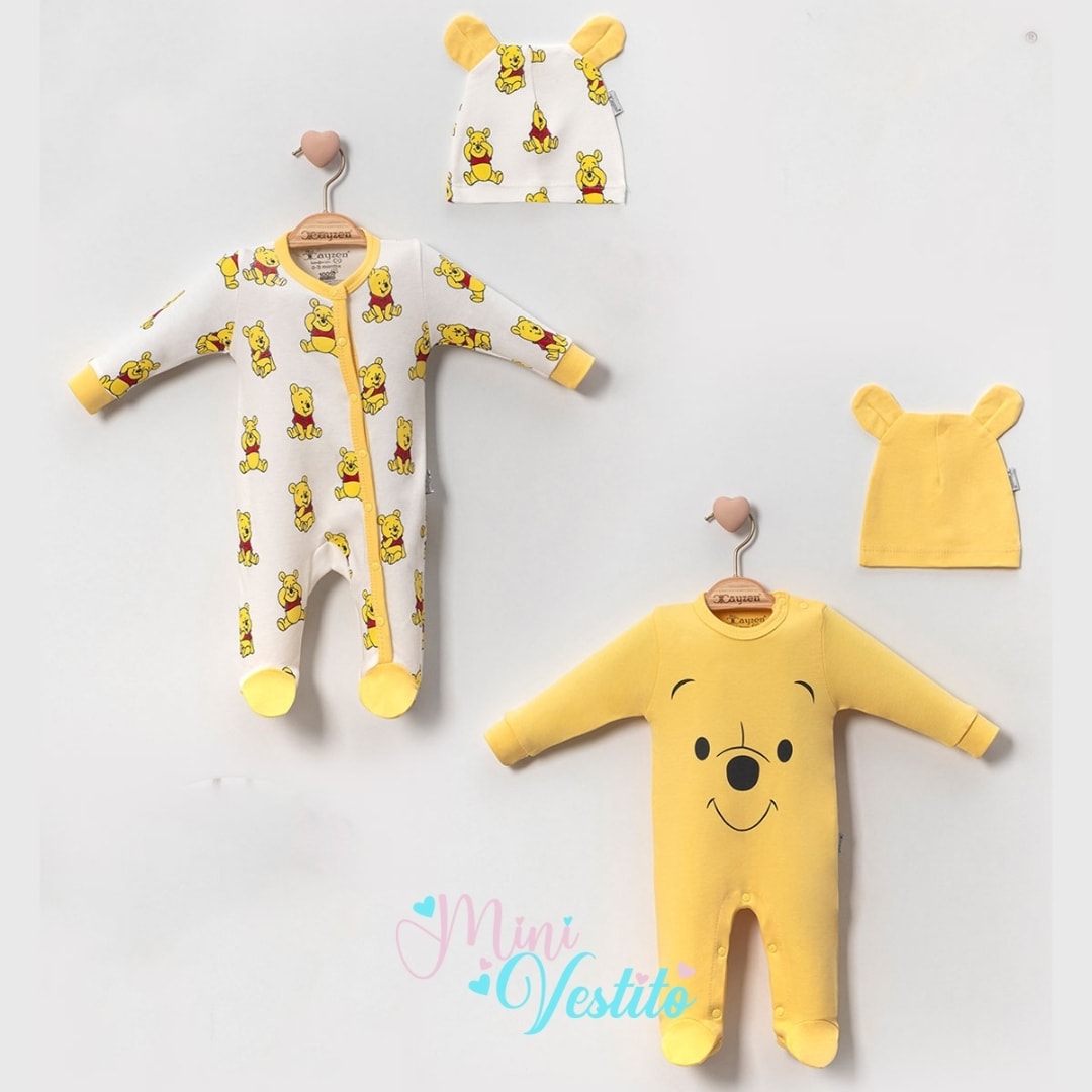 Bal Ayısı Desenli 2 Li Bebek Body Zıbın Tulum