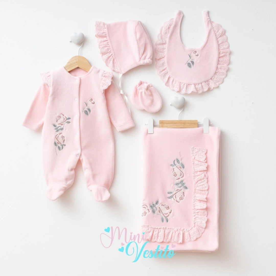 Fırfırella Lora Şapkalı Battaniyeli % 100 Pamuk Kadife 5 Li Set