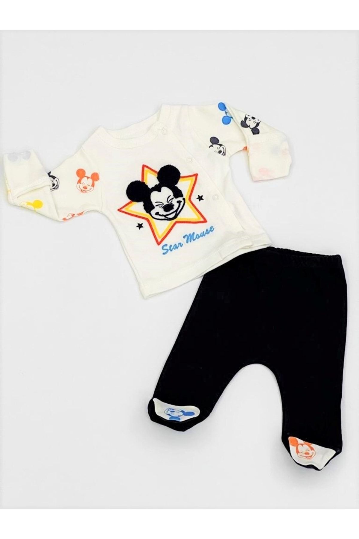 Star Mouse Nakışlı Kendinden Eldivenli Önden Çıtçıtlı Ikili Takım