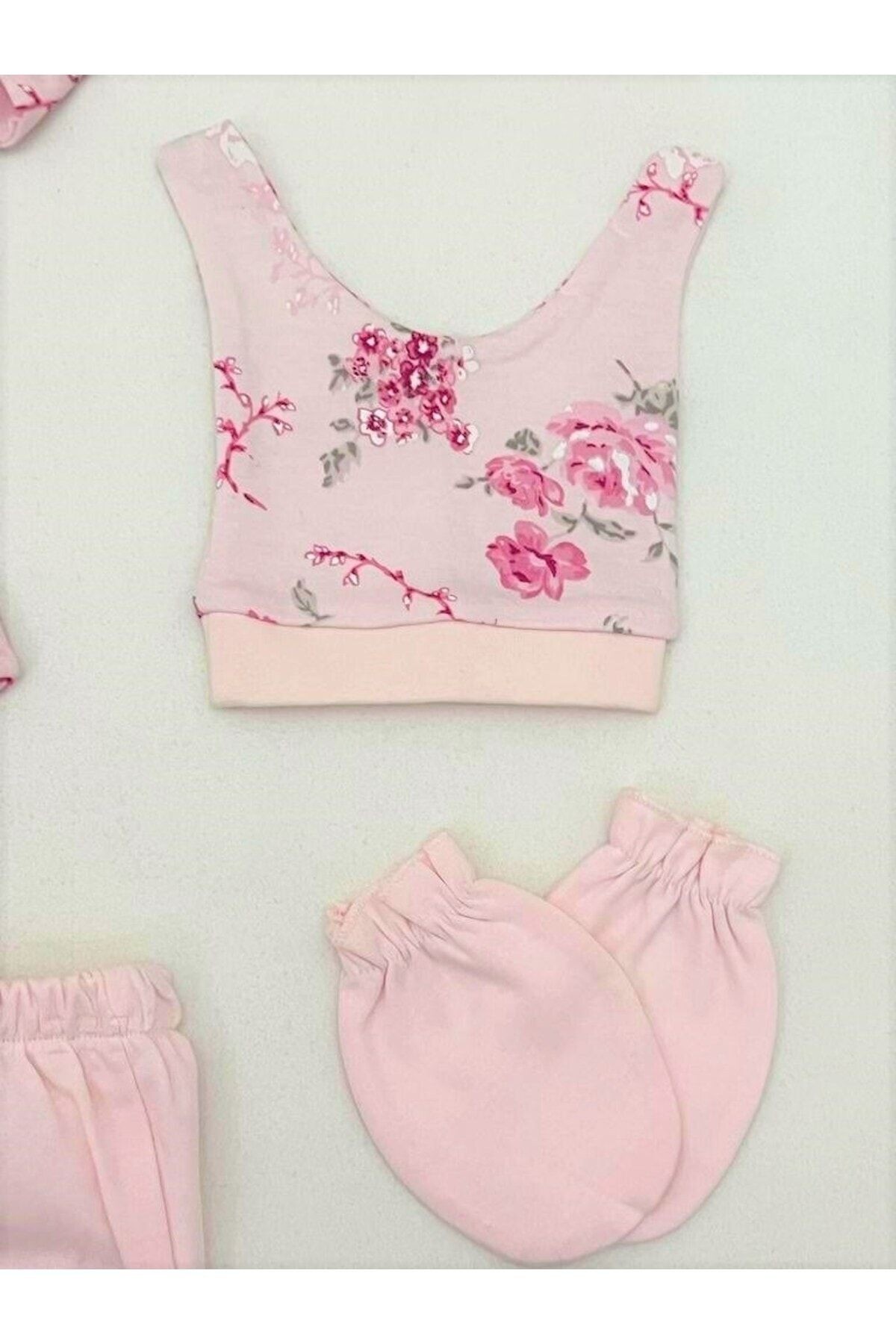 Rose Desenli Penye Cepli 4 Parça Hastane Çıkışı Pembe