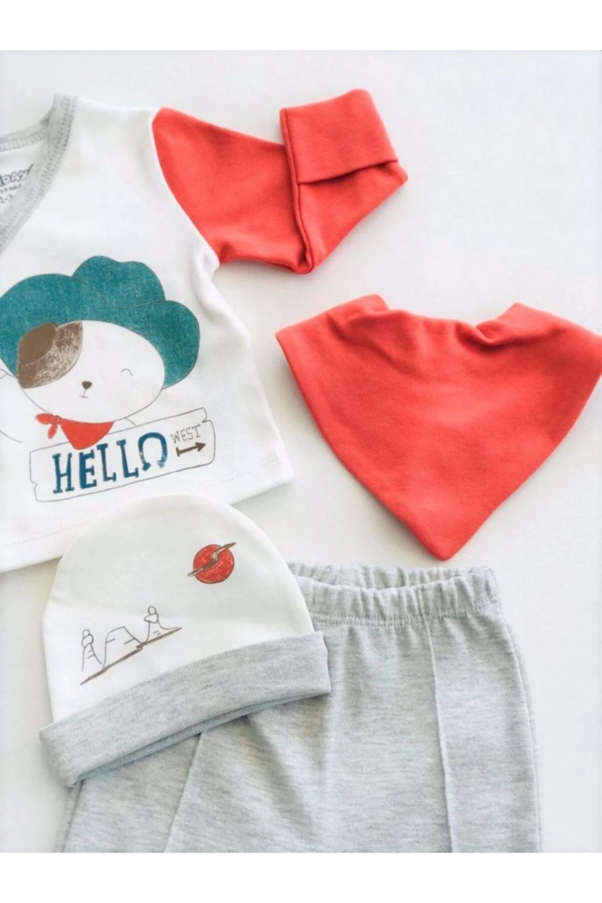 Bebek Gizli Eldivenli Fularlı Şapkalı Kovboy 4 Parça Set Gri