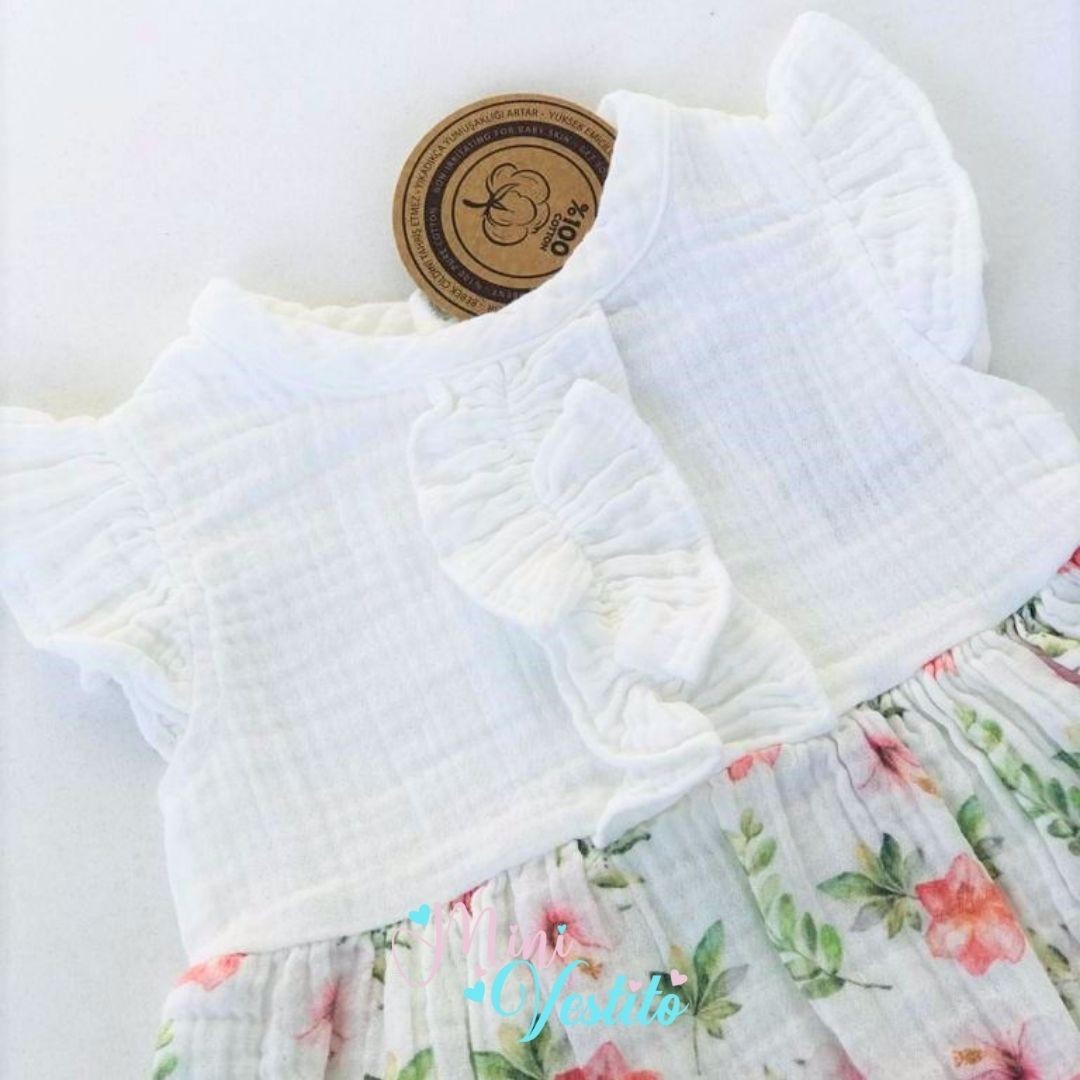 Organic Muslin Çiçek Desenli Fırfır Detaylı Külotlu Elbise