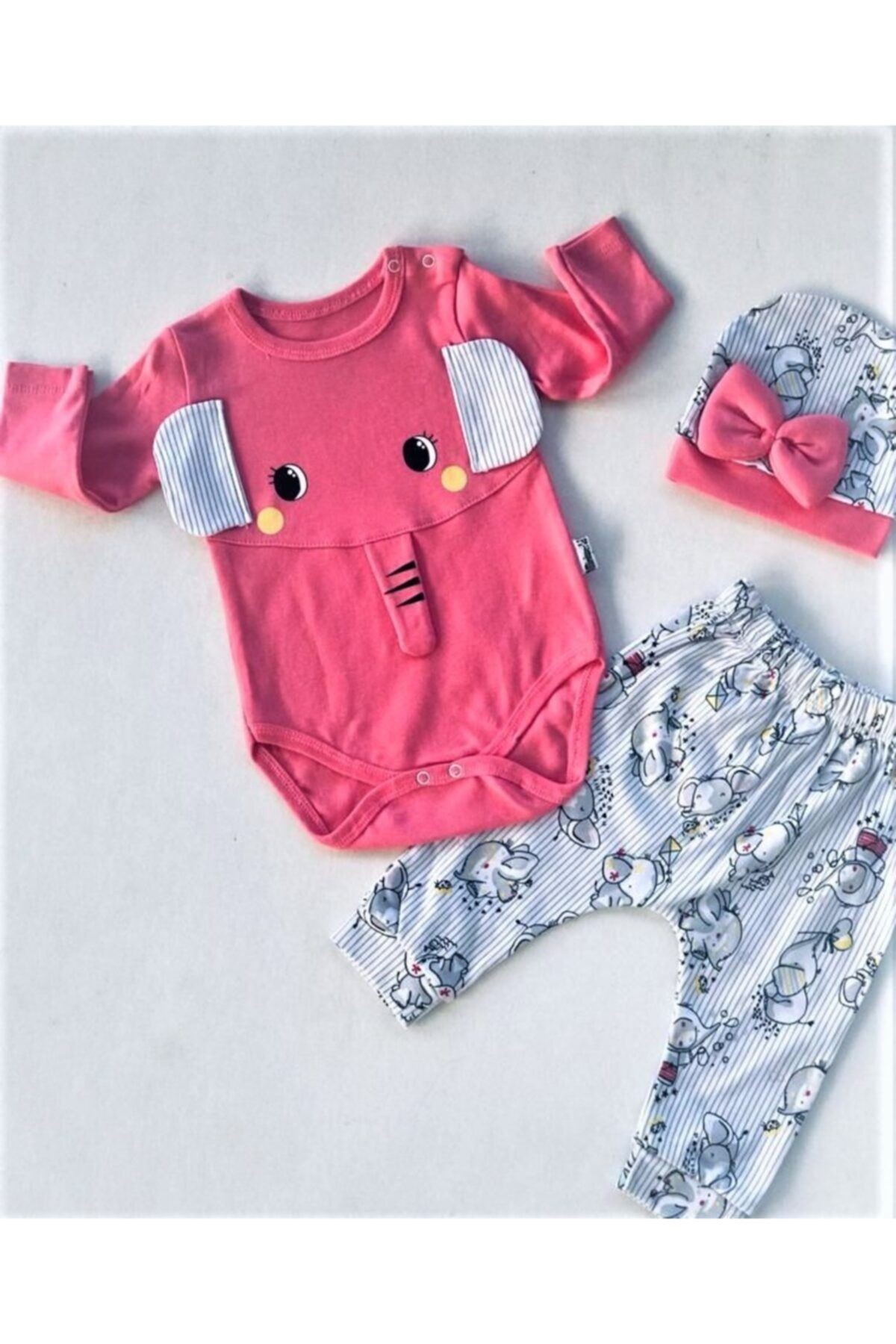 Elephant Desenli Şapkalı Set Pembe