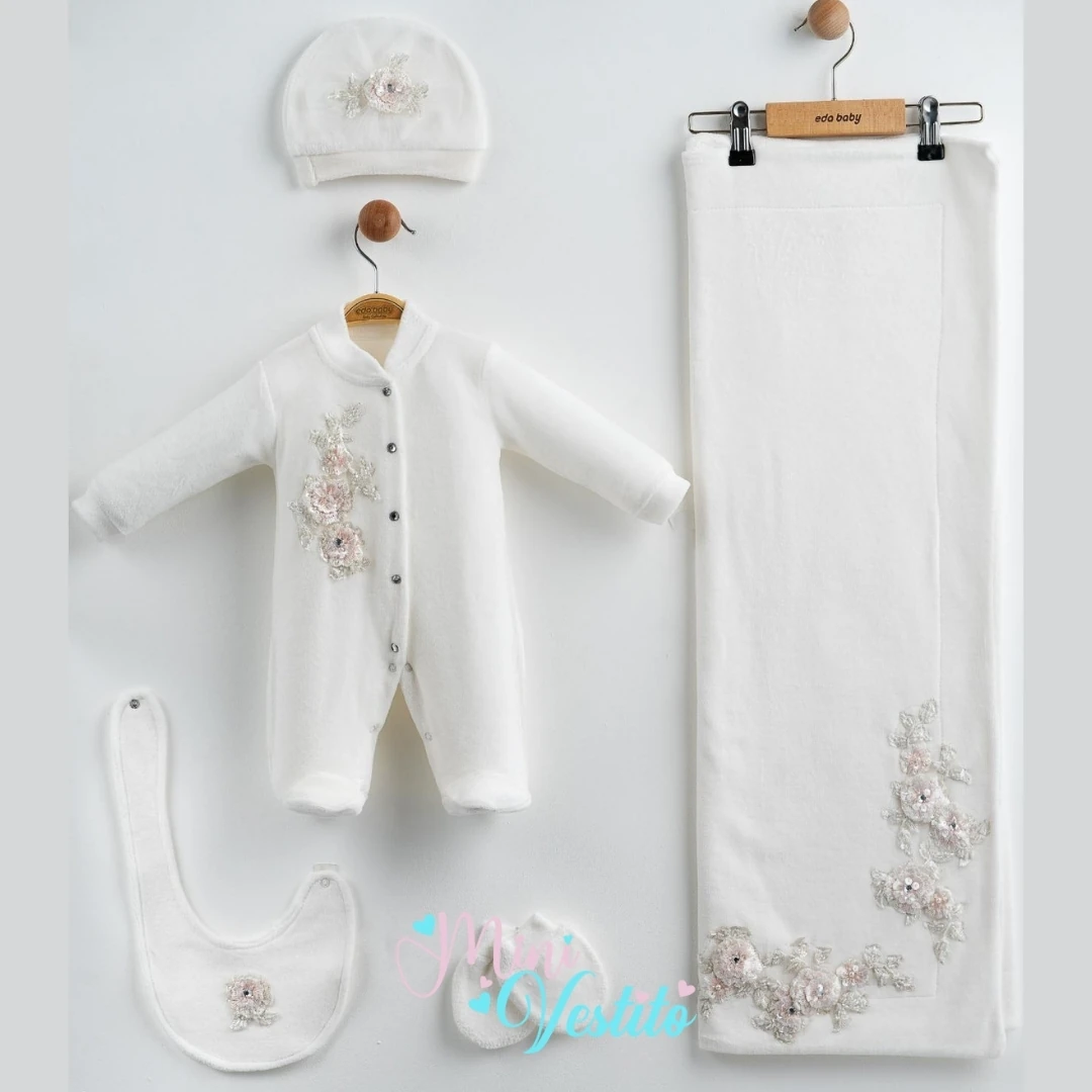 Fırfırella Lora Şapkalı Battaniyeli % 100 Pamuk Kadife 5 Li Set