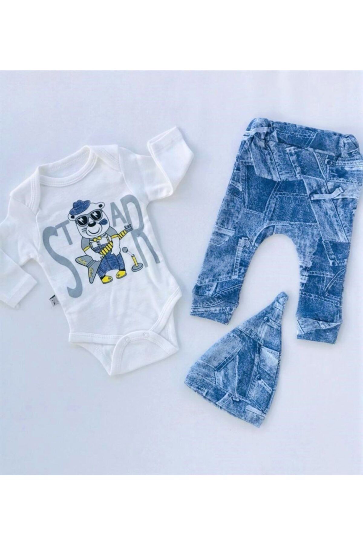 Unisex Çocuk Baby Boss Kot Görünümlü Star Ayıcık 3 Lü Set