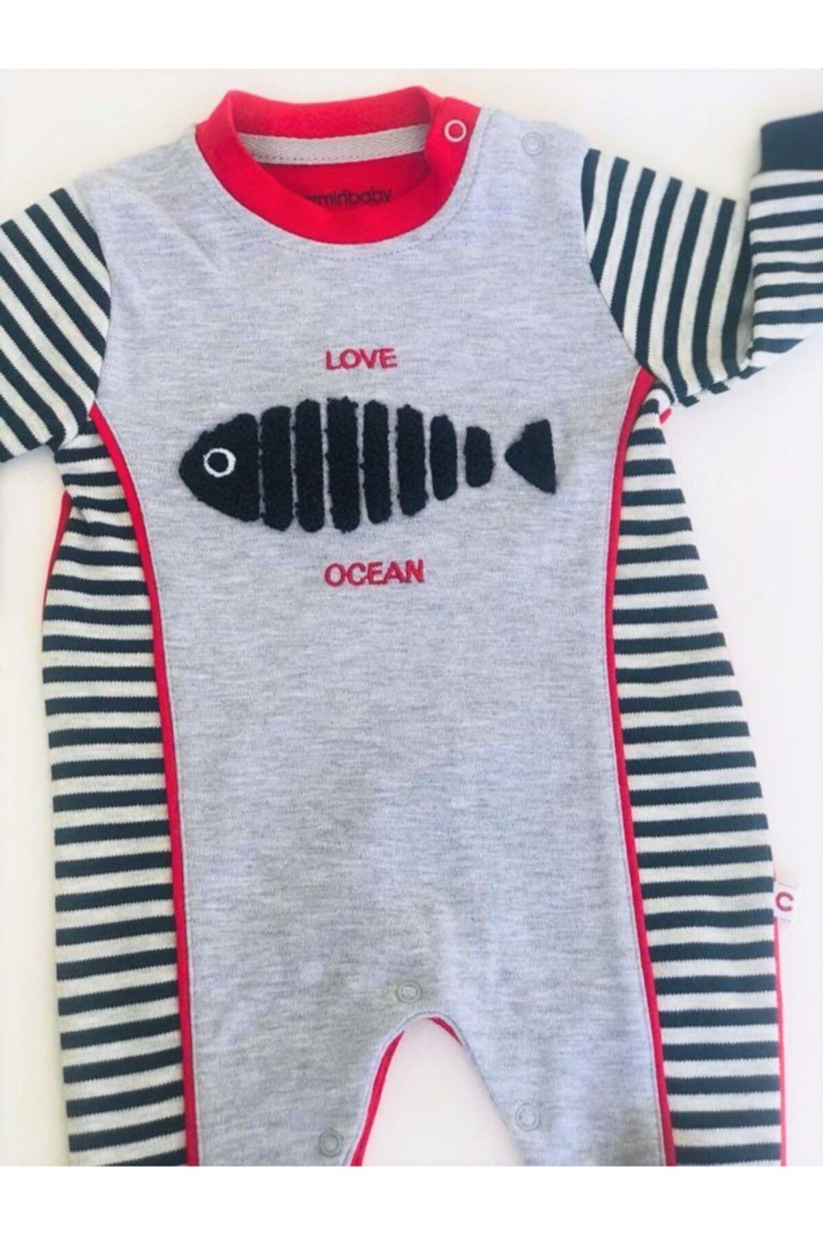 Unisex Bebek Gri Kırmızı Love Ocean Baskılı Zıbın